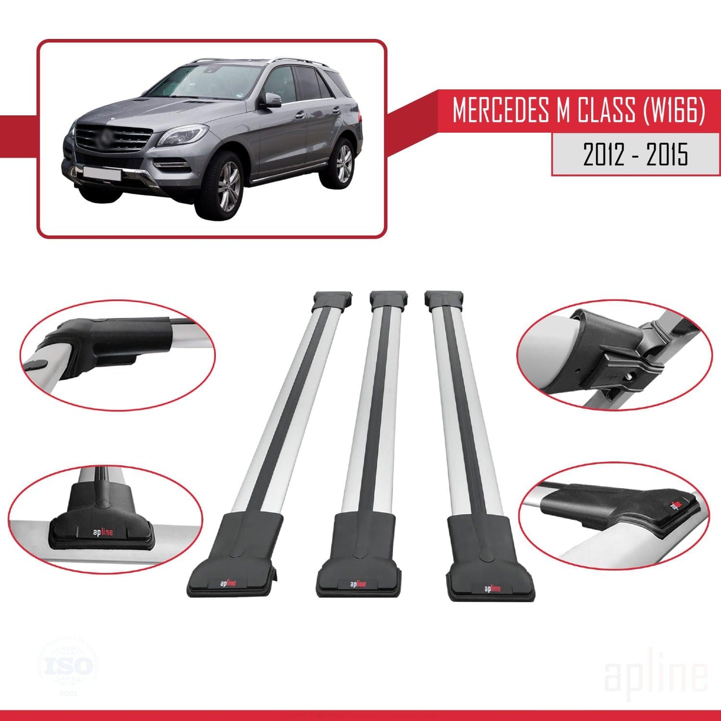 Compatible with Mercedes M Class 3 (W166) Pre-Facelift 2012-2015 Fly Model Car Roof Rack Cross Bar Grey Aluminium 3 Bars