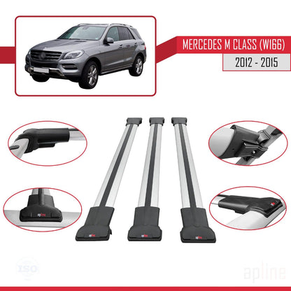 Compatible with Mercedes M Class 3 (W166) Pre-Facelift 2012-2015 Fly Model Car Roof Rack Cross Bar Grey Aluminium 3 Bars