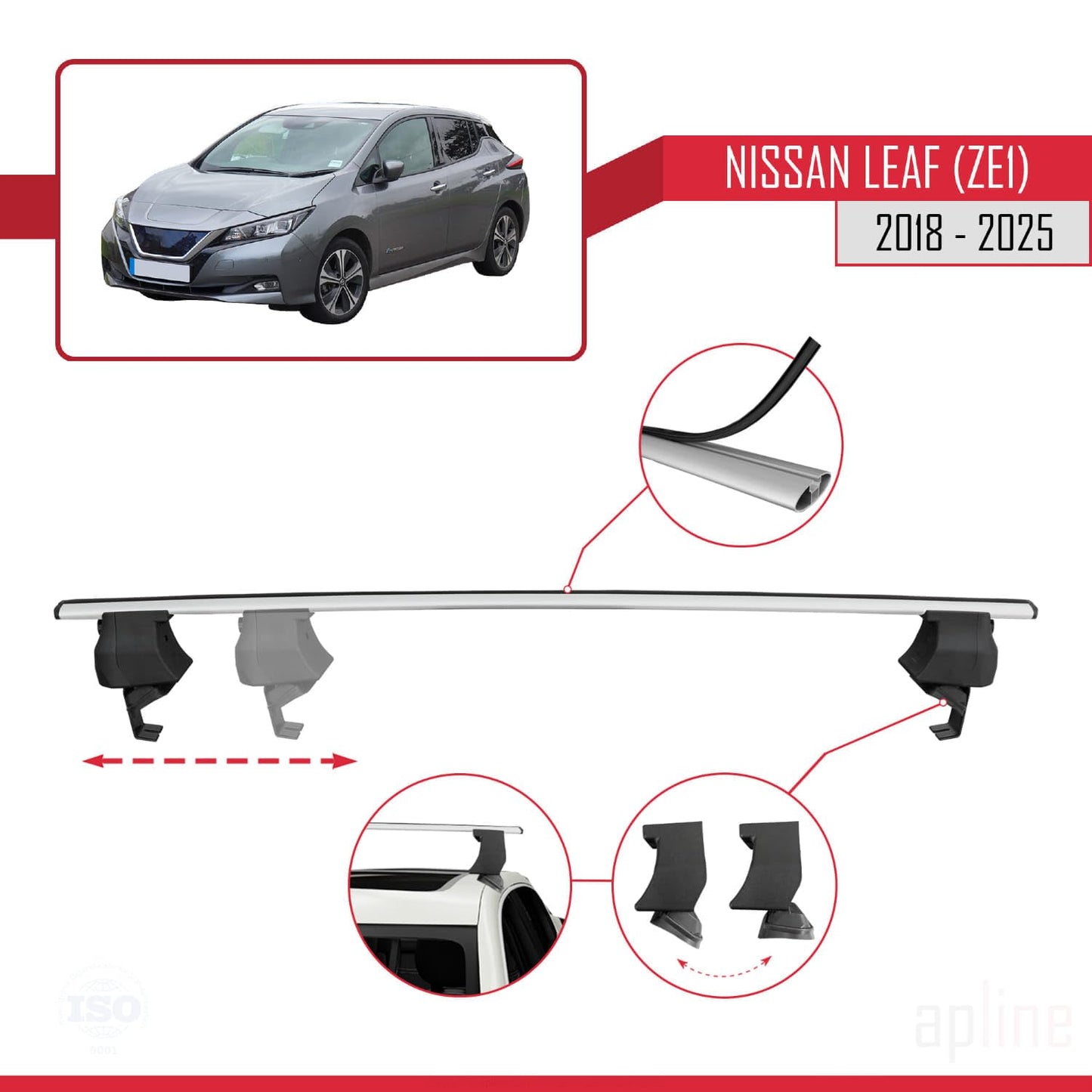 Compatible with Nissan Leaf 2 (ZE1) 2018-2025 ACE-4 Car Roof Rack Cross Bar Grey Aluminium 2 Bars