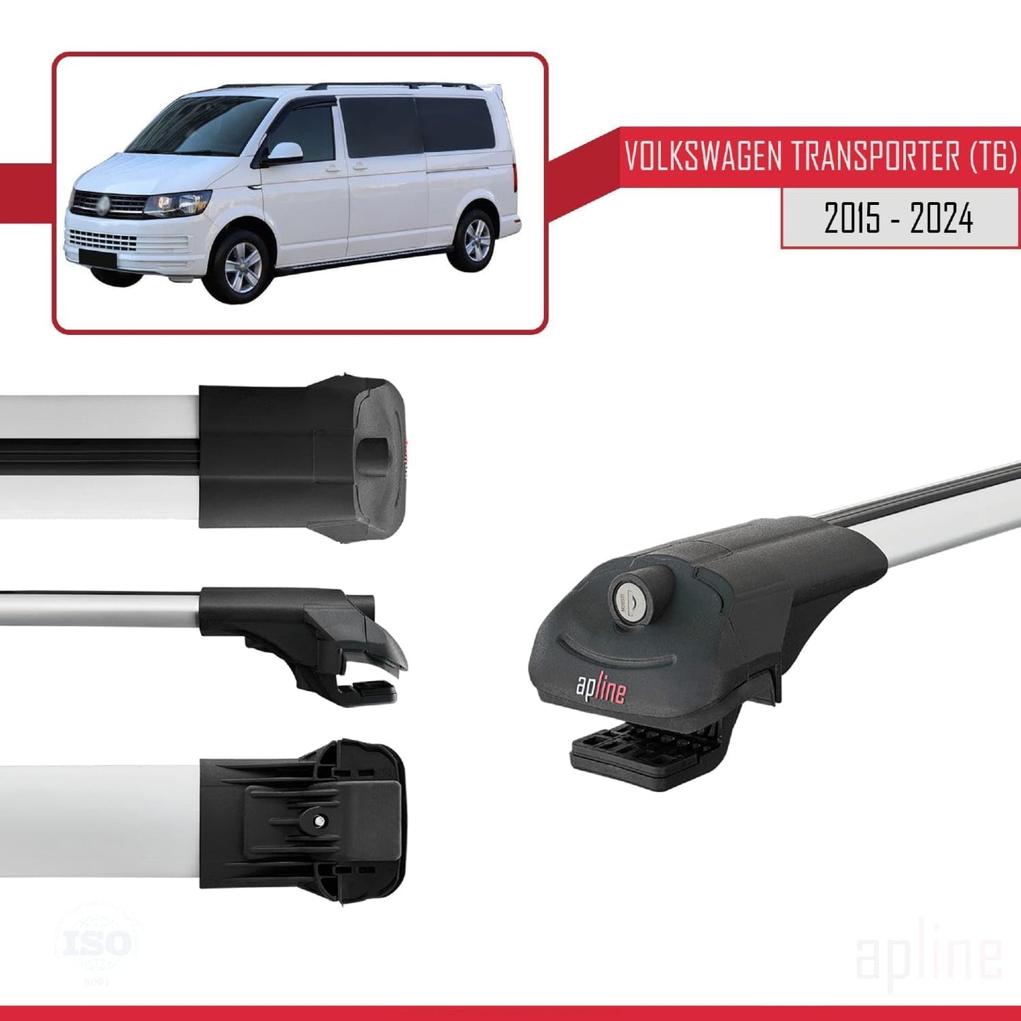Compatible with Volkswagen T6 Transporter 2015-2024 ACE-1 Car Roof Rack Cross Bar Grey Aluminium 3 Bars