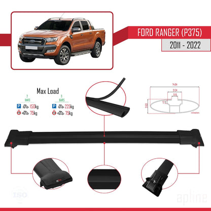 Compatible with Ford Ranger (P375) 2011-2022 Fly Model Car Roof Rack Cross Bar Black Aluminium 2 Bars