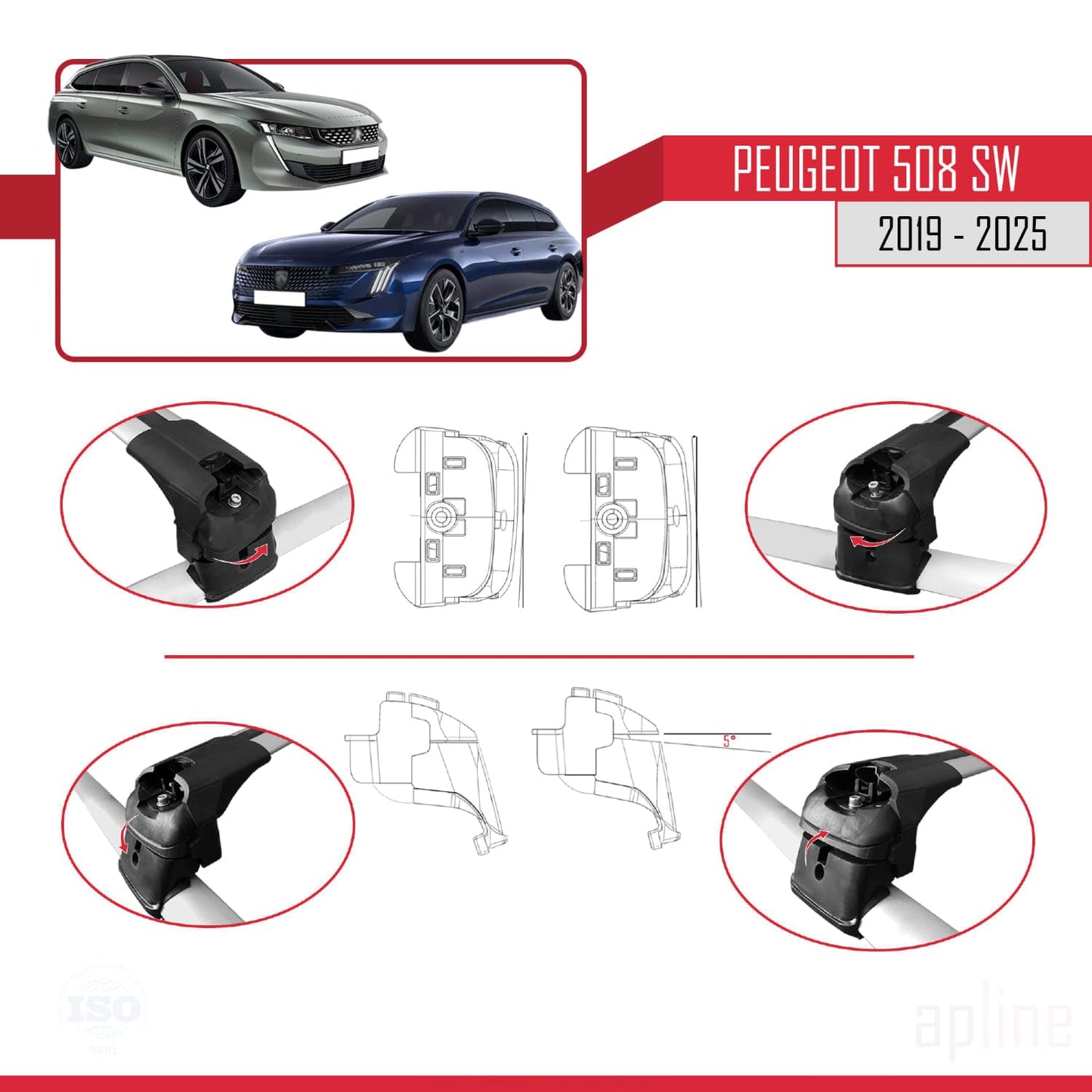 Compatible with Peugeot 508 SW 2019-2025 ACE-2 Car Roof Rack Cross Bar Grey Aluminium 2 Bars