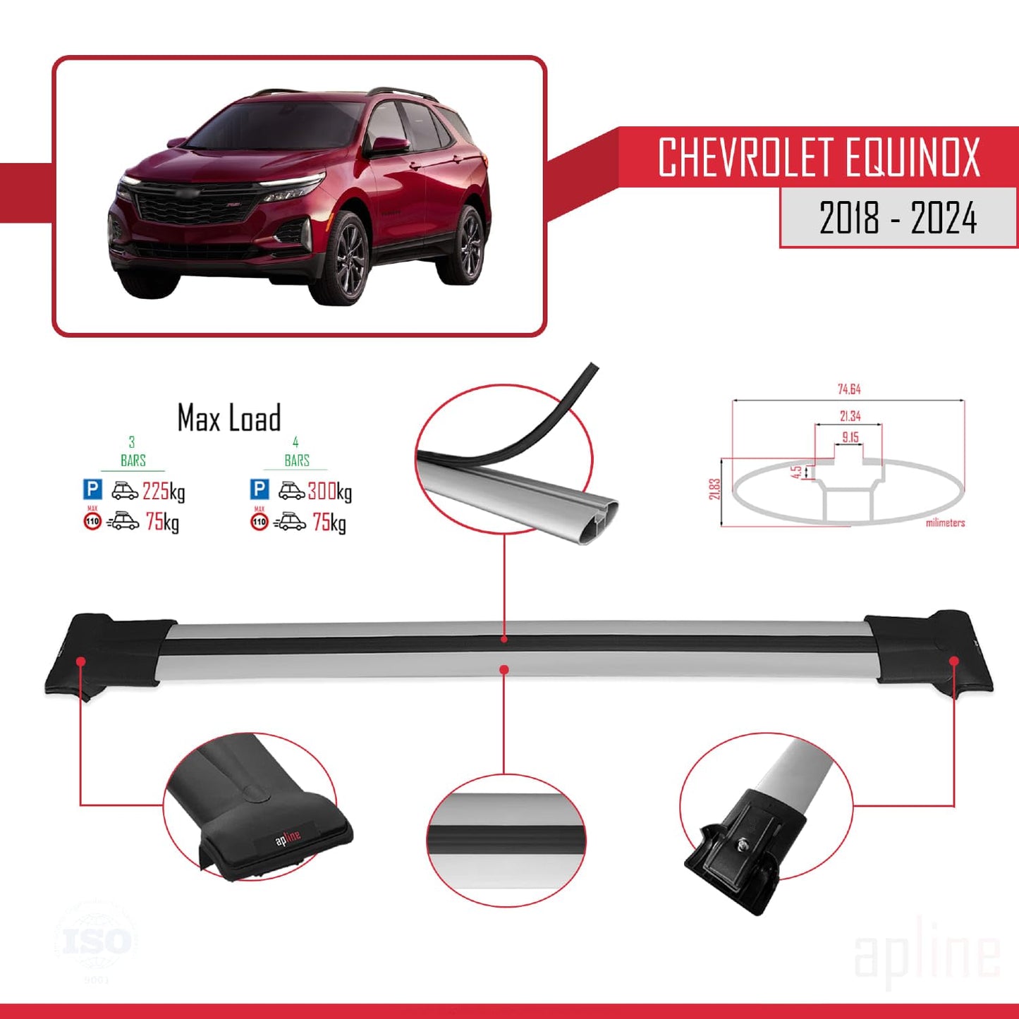 Compatible with Chevrolet Equinox 2018-2024 Fly Model Car Roof Rack Cross Bar Grey Aluminium 3 Bars