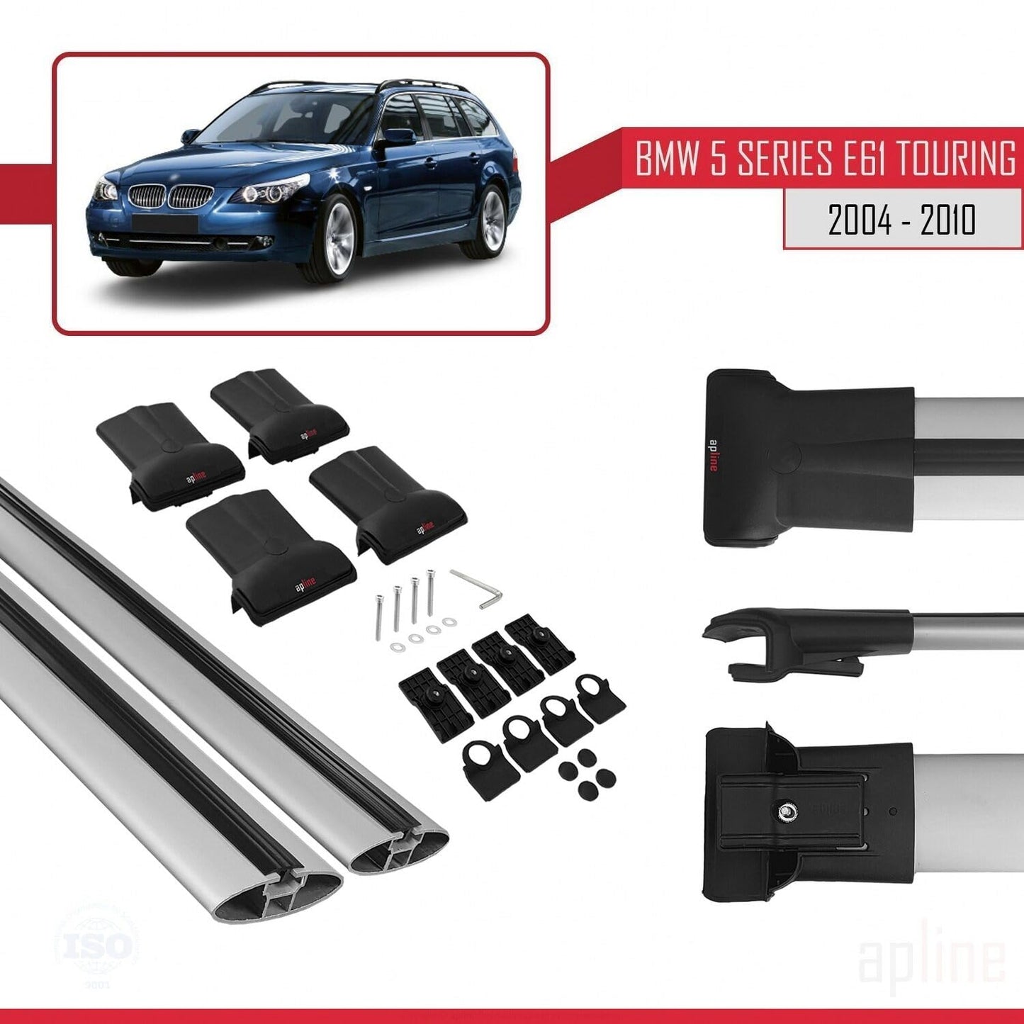 Compatible with BMW 5 Series (E61) Touring 2004-2010 Fly Model Car Roof Rack Cross Bar Grey Aluminium 2 Bars
