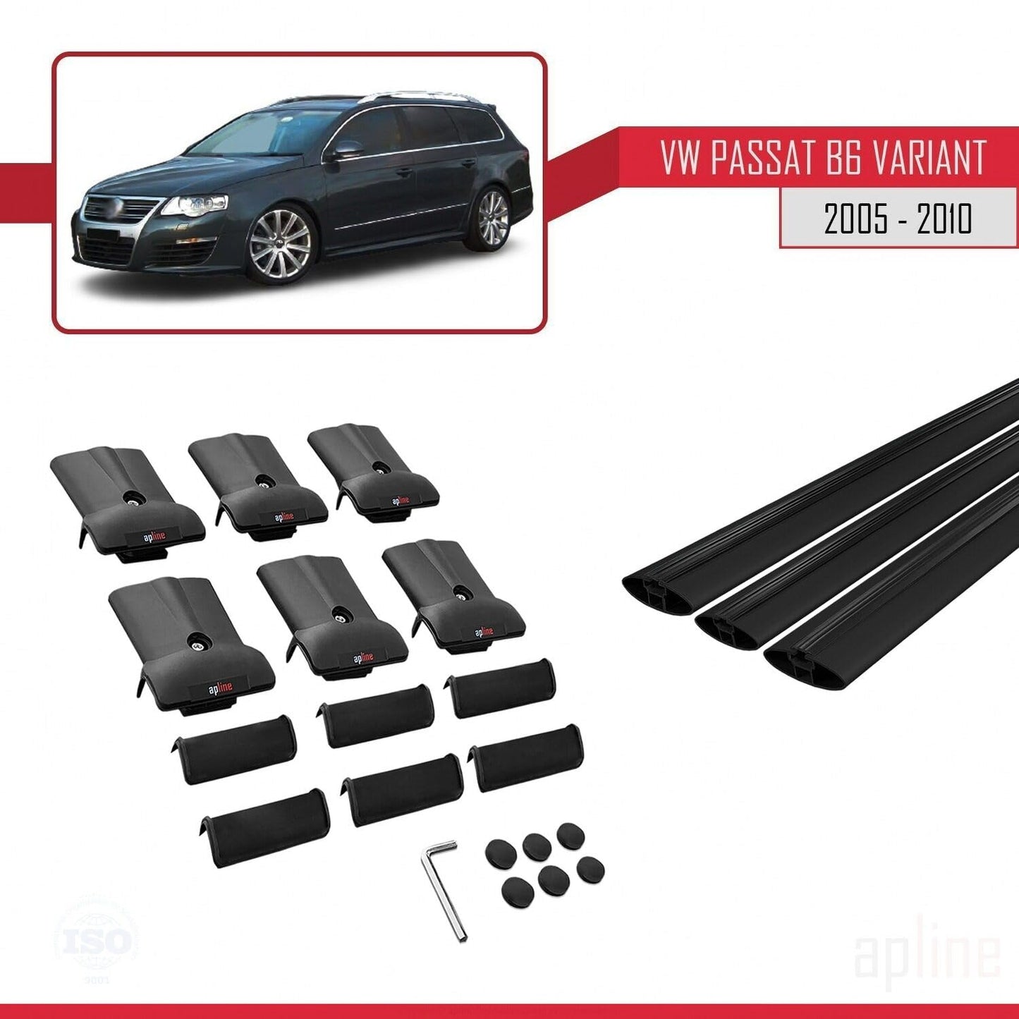 Compatible with Volkswagen Passat B6 (3C) Variant 2005-2010 Fly Model Car Roof Rack Cross Bar Black Aluminium 3 Bars