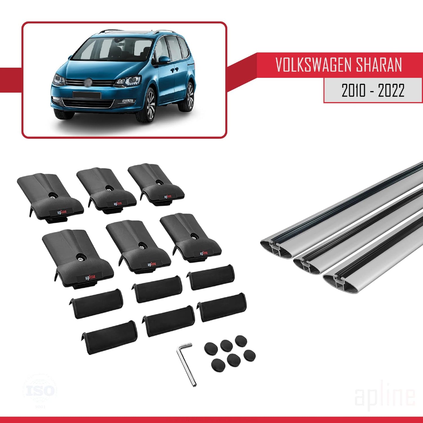 Compatible with Volkswagen Sharan 2 (7N) 2010-2022 Fly Model Car Roof Rack Cross Bar Grey Aluminium 3 Bars