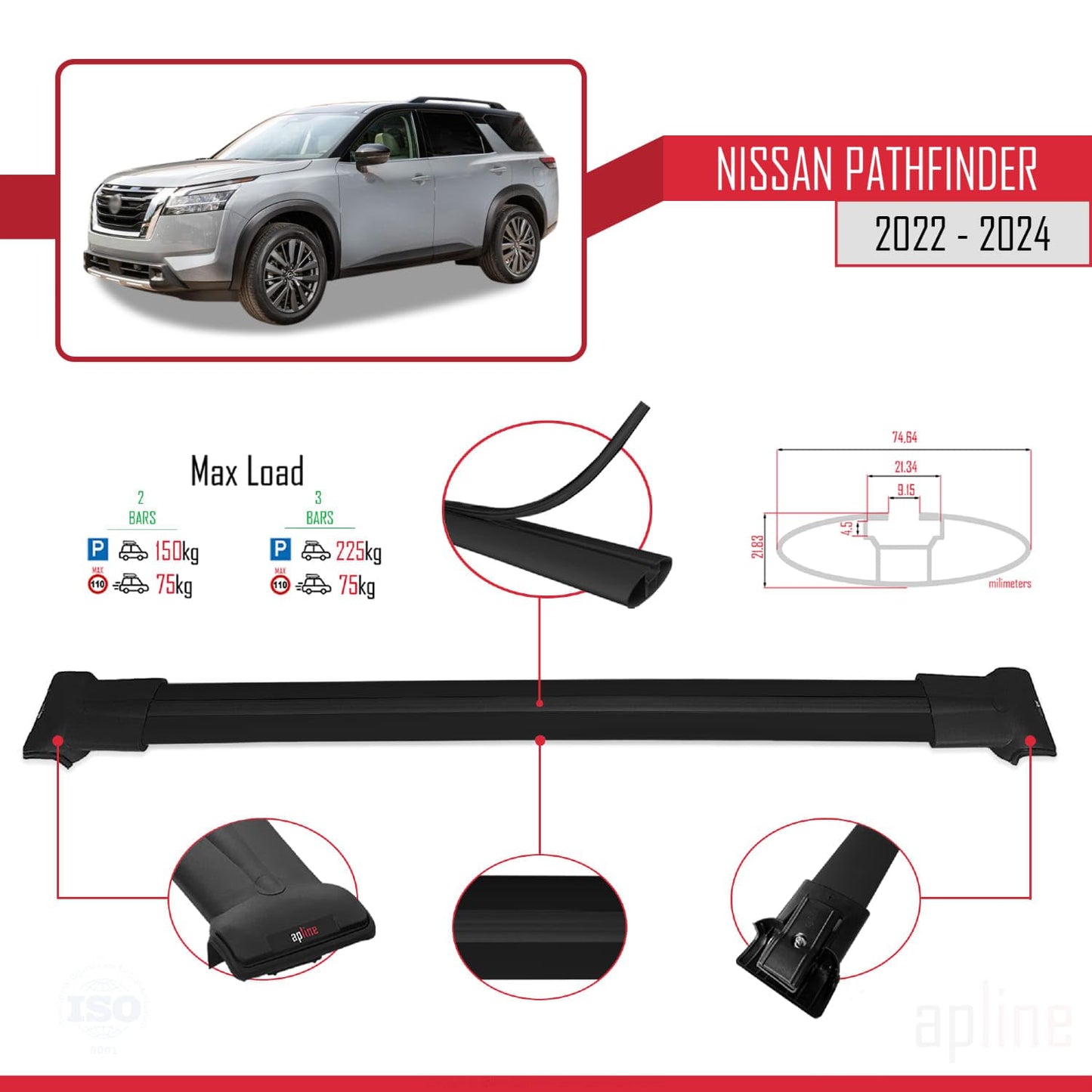 Compatible with Nissan Pathfinder 2022-2024 Fly Model Car Roof Rack Cross Bar Black Aluminium 2 Bars