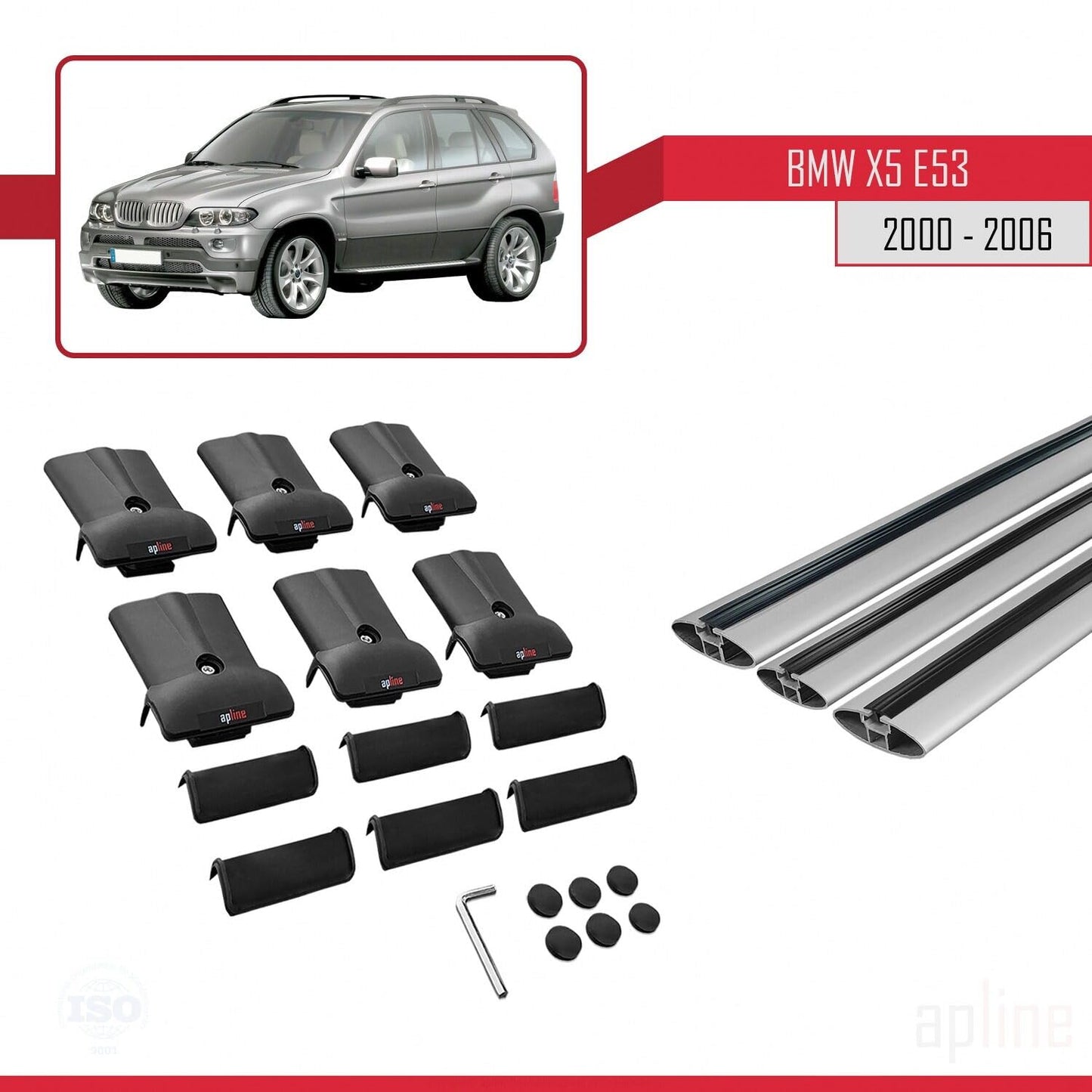 Compatible with BMW X5 (E53) 2000-2006 Fly Model Car Roof Rack Cross Bar Grey Aluminium 3 Bars