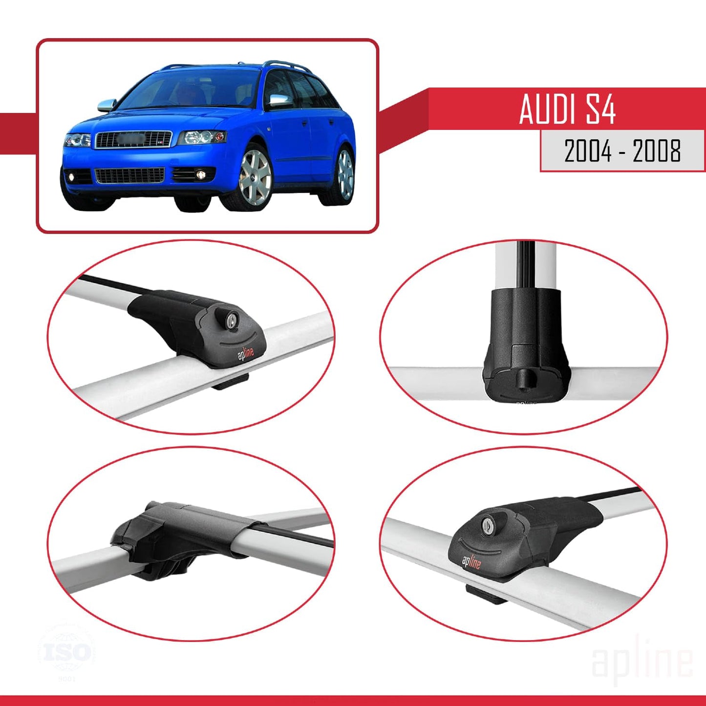 Compatible with Audi S4 2004-2008 ACE-1 Car Roof Rack Cross Bar Grey Aluminium 3 Bars