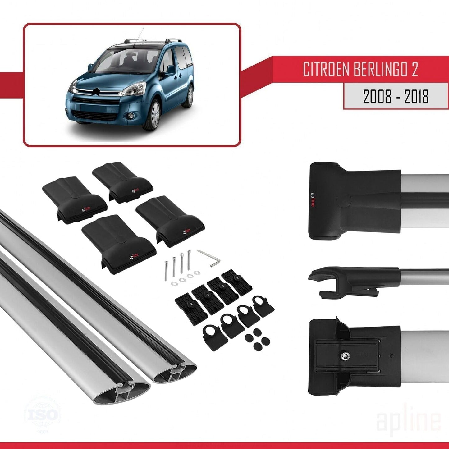 Compatible with Citroen Berlingo 2 (B9) 2008-2018 Fly Model Car Roof Rack Cross Bar Grey Aluminium 2 Bars