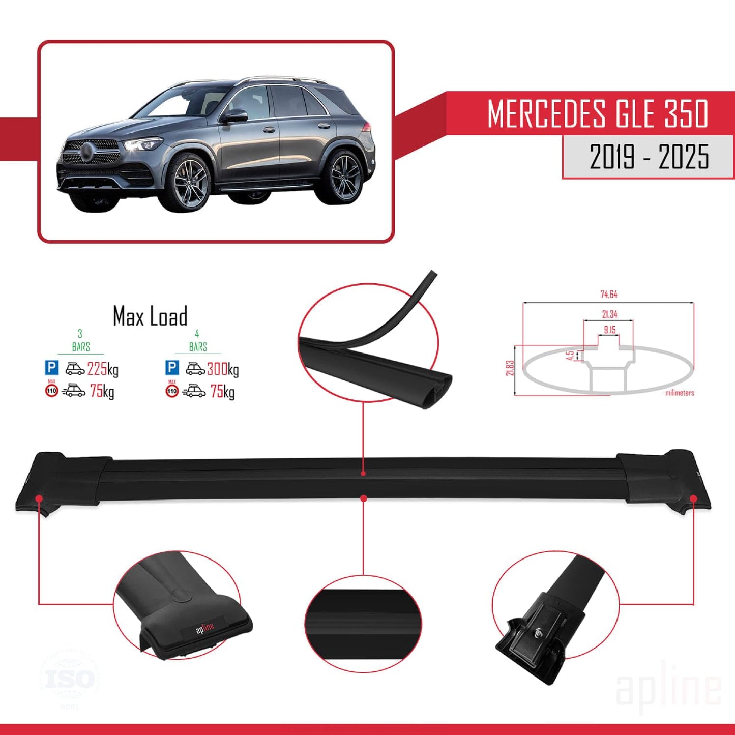 Compatible with Mercedes GLE Class 4 (V167) 2019-2025 Fly Model Car Roof Rack Cross Bar Black Aluminium 3 Bars