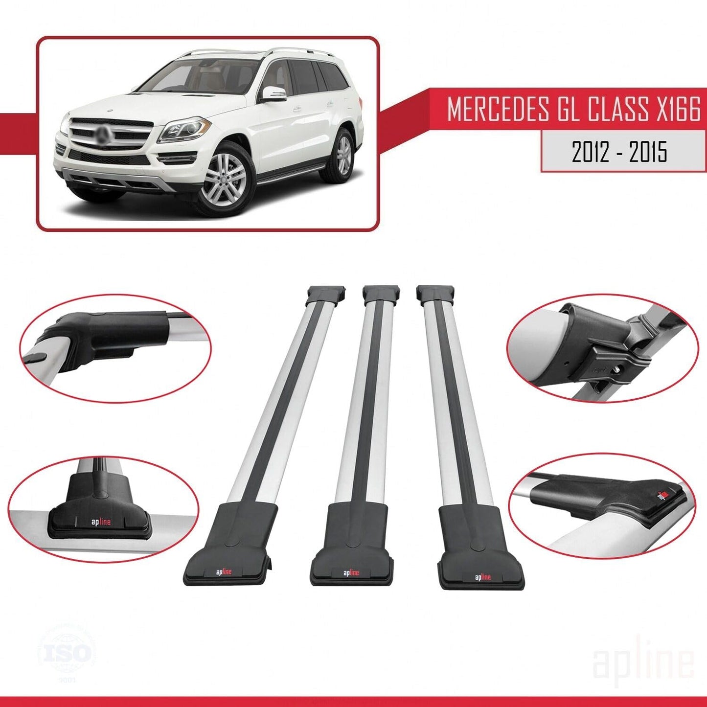 Compatible with Mercedes GL Class 2 (X166) Pre-Facelift 2013-2015 Fly Model Car Roof Rack Cross Bar Grey Aluminium 3 Bars