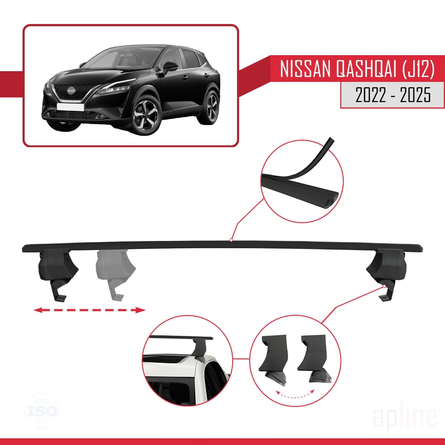Compatible with Nissan Qashqai 3 (J12) 2022-2025 ACE-4 Car Roof Rack Cross Bar Black Aluminium 2 Bars