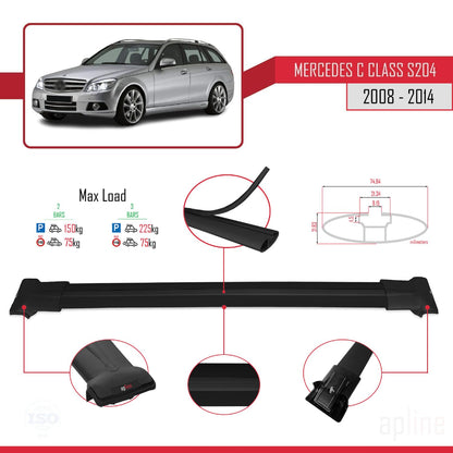 Compatible with Mercedes C Class 3 (S204) 2008-2014 Fly Model Car Roof Rack Cross Bar Black Aluminium 2 Bars