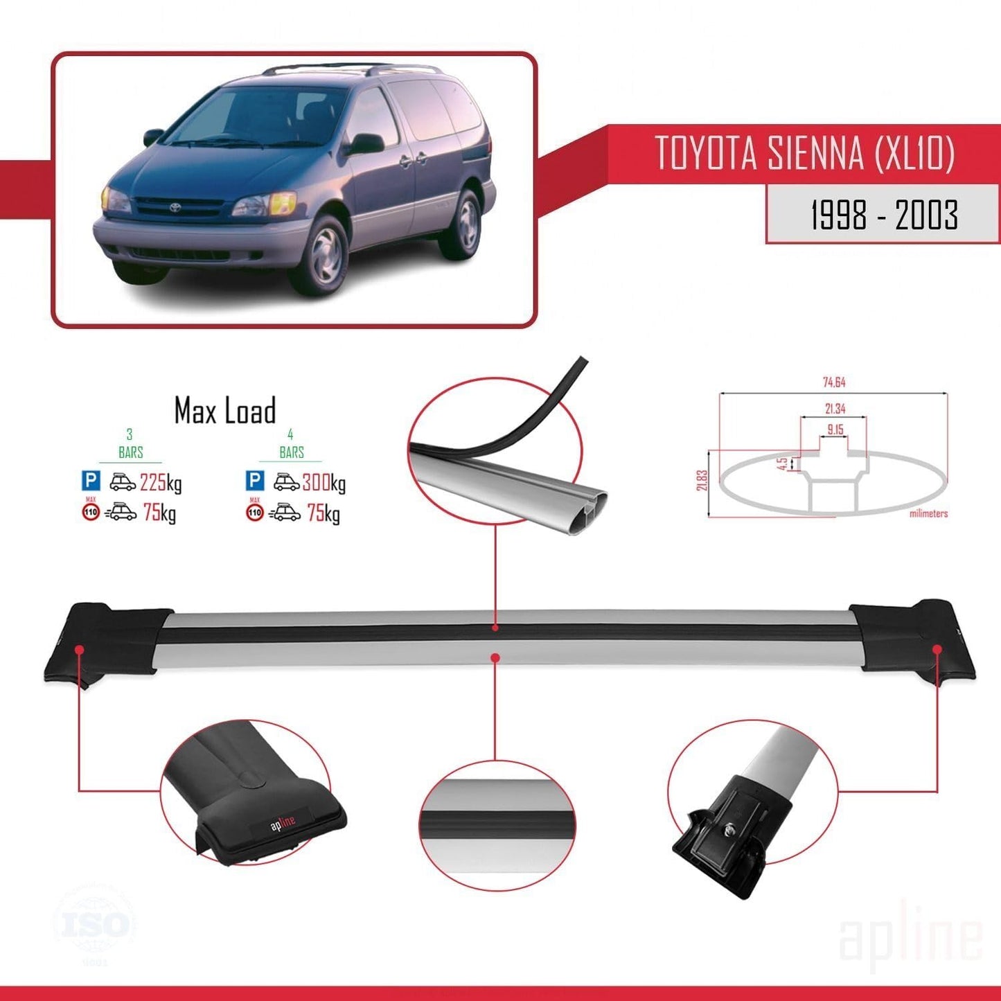 Compatible with Toyota Sienna (XL10) 1998-2003 Fly Model Car Roof Rack Cross Bar Grey Aluminium 3 Bars
