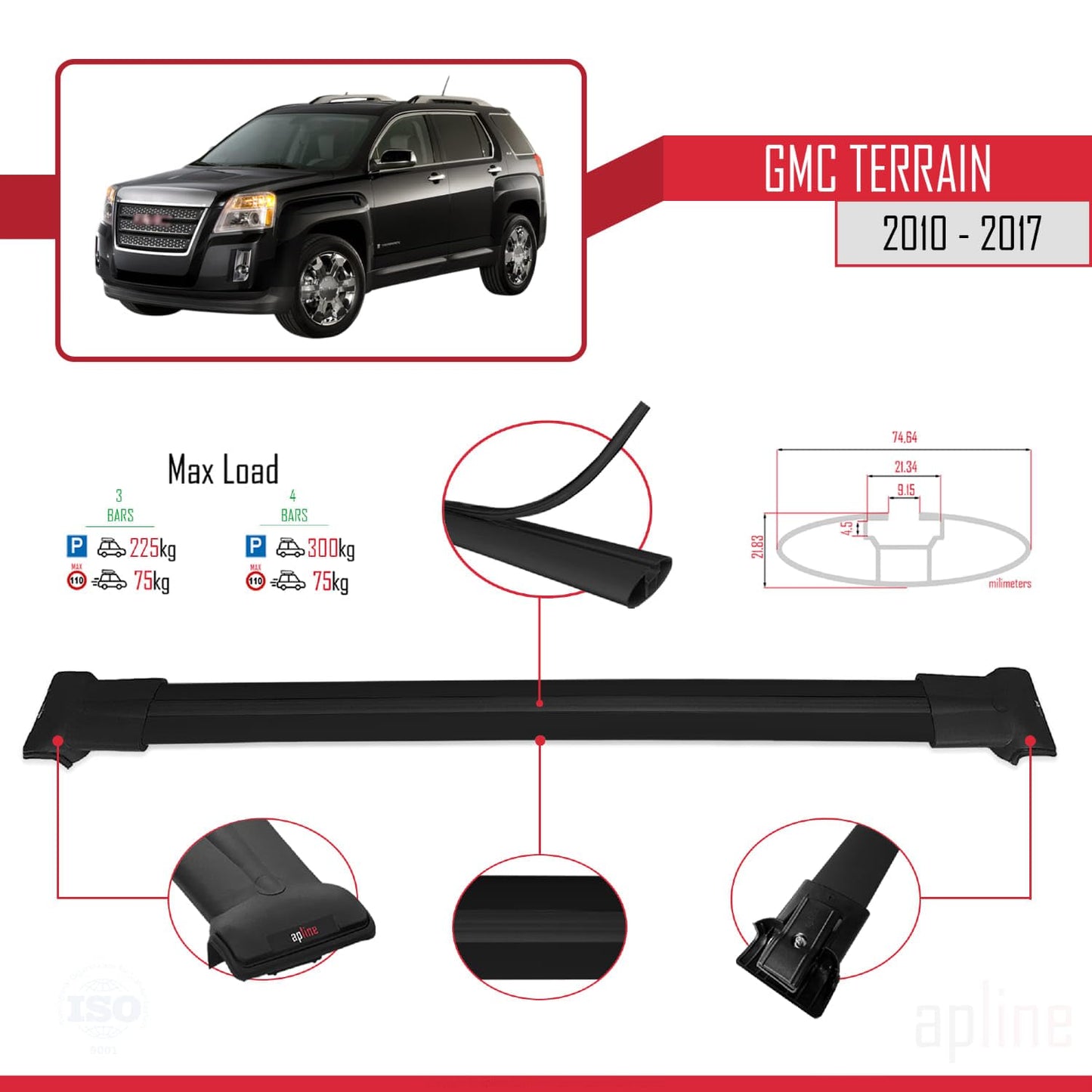Compatible with GMC Terrain 2010-2017 Fly Model Car Roof Rack Cross Bar Black Aluminium 3 Bars