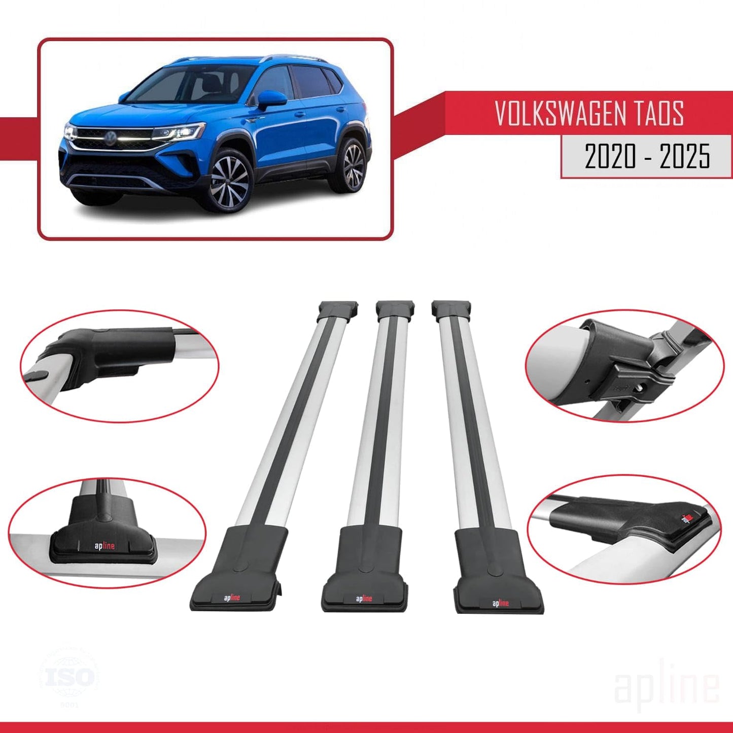 Compatible with Volkswagen Taos 2021-2025 Fly Model Car Roof Rack Cross Bar Grey Aluminium 3 Bars