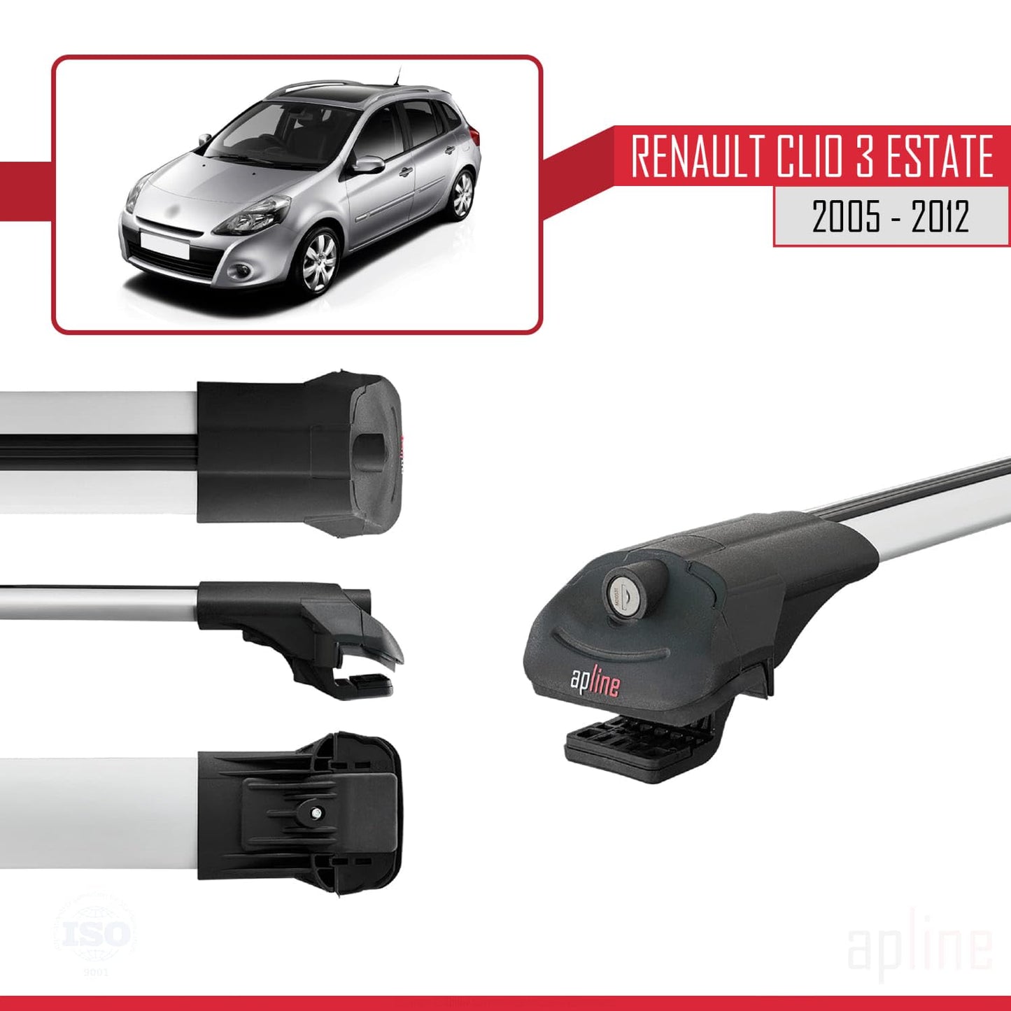 Compatible with Renault Clio 3 Estate 2005-2012 ACE-1 Car Roof Rack Cross Bar Grey Aluminium 3 Bars