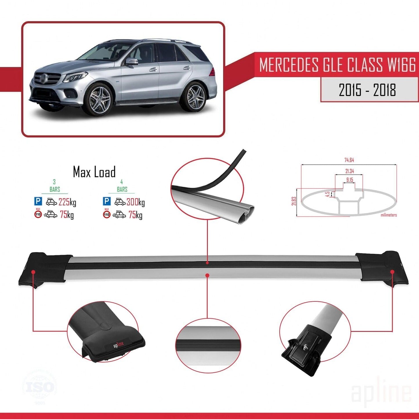 Compatible with Mercedes GLE Class 3 (W166) 2015-2018 Fly Model Car Roof Rack Cross Bar Grey Aluminium 3 Bars