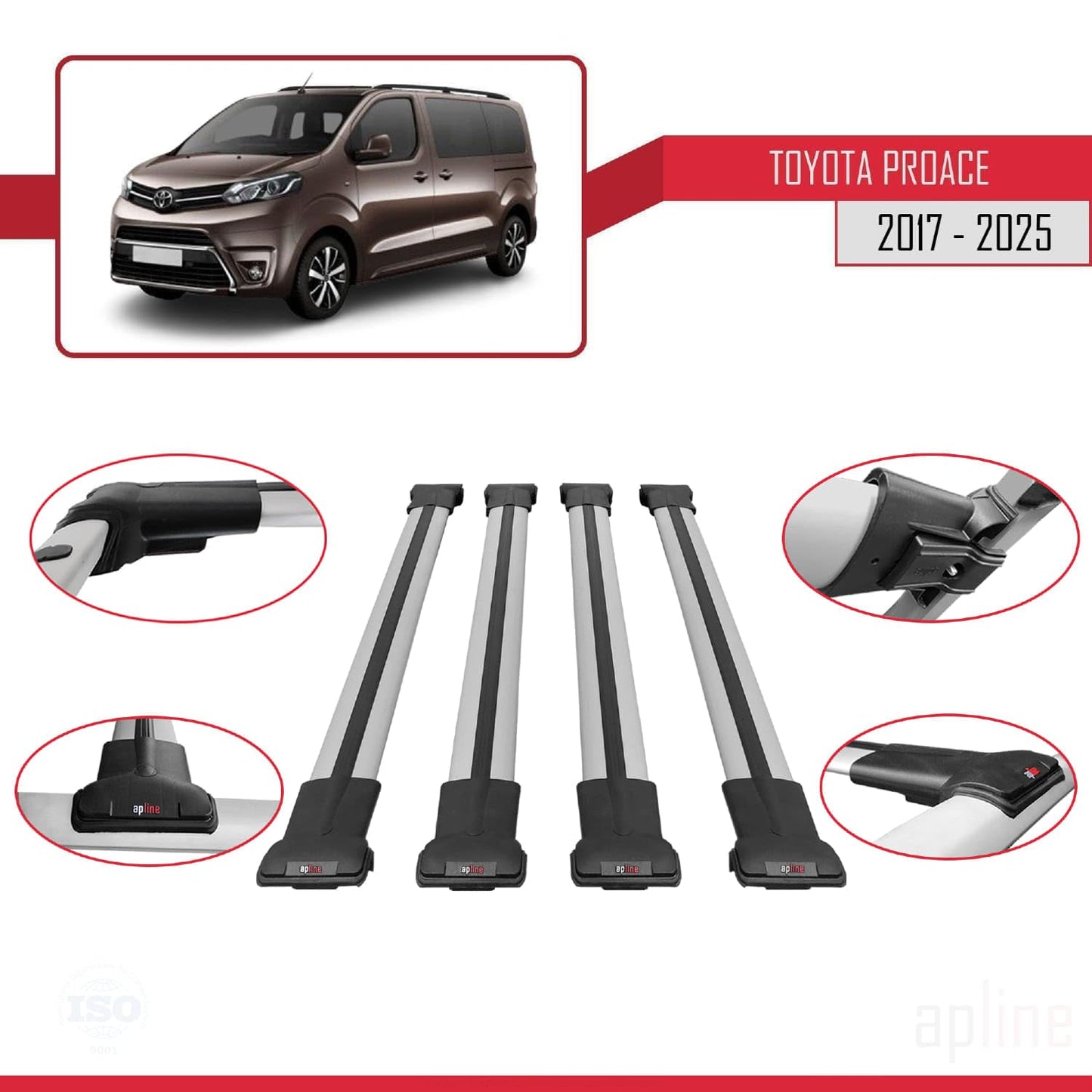 Compatible with Toyota Proace 2017-2025 Fly Model Car Roof Rack Cross Bar Grey Aluminium 4 Bars