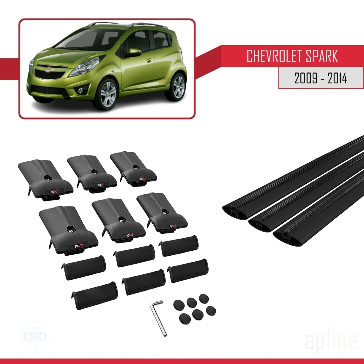 Compatible with Chevrolet Spark (M300) 2009-2014 Fly Model Car Roof Rack Cross Bar Black Aluminium 3 Bars