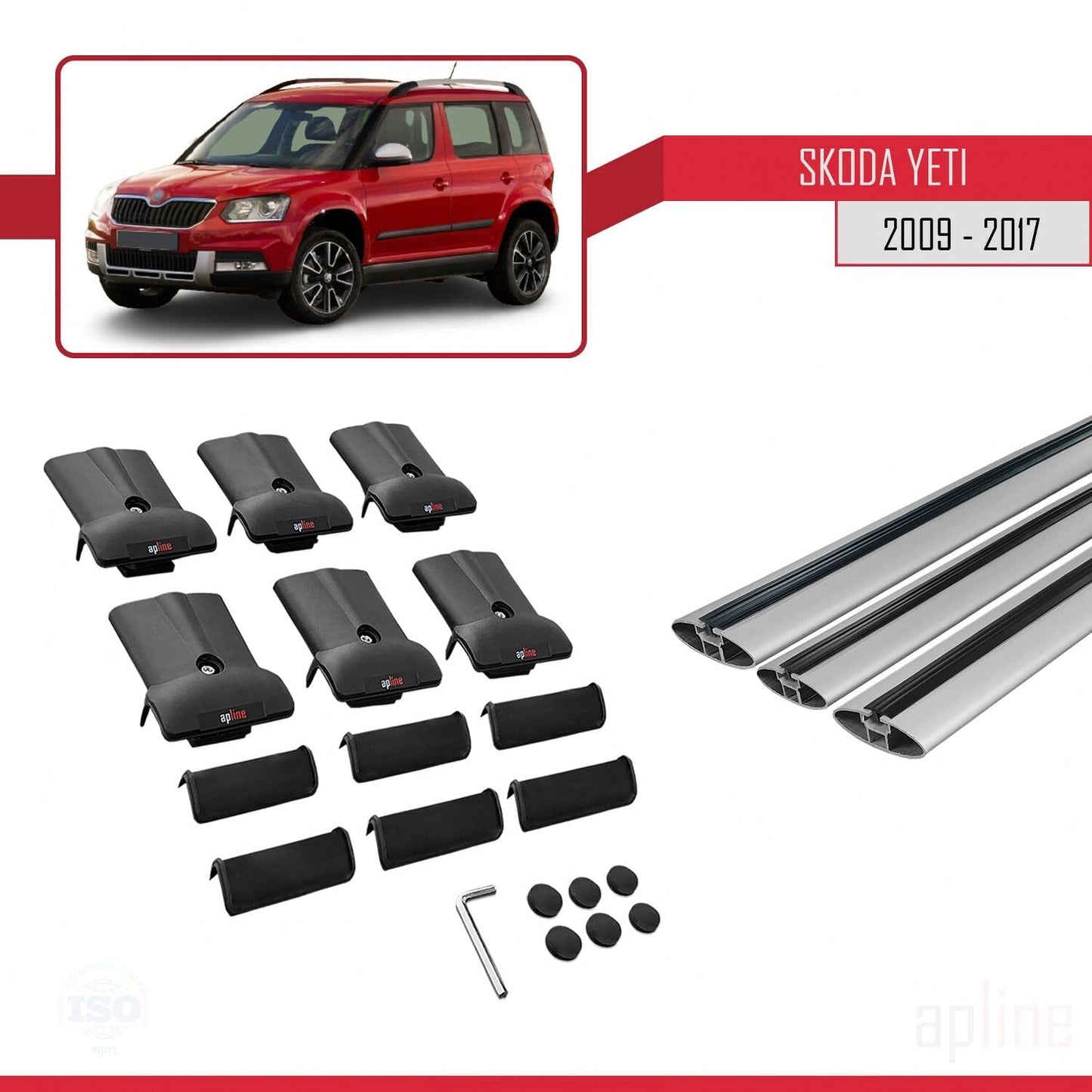 Compatible with Skoda Yeti 2009-2017 Fly Model Car Roof Rack Cross Bar Grey Aluminium 3 Bars
