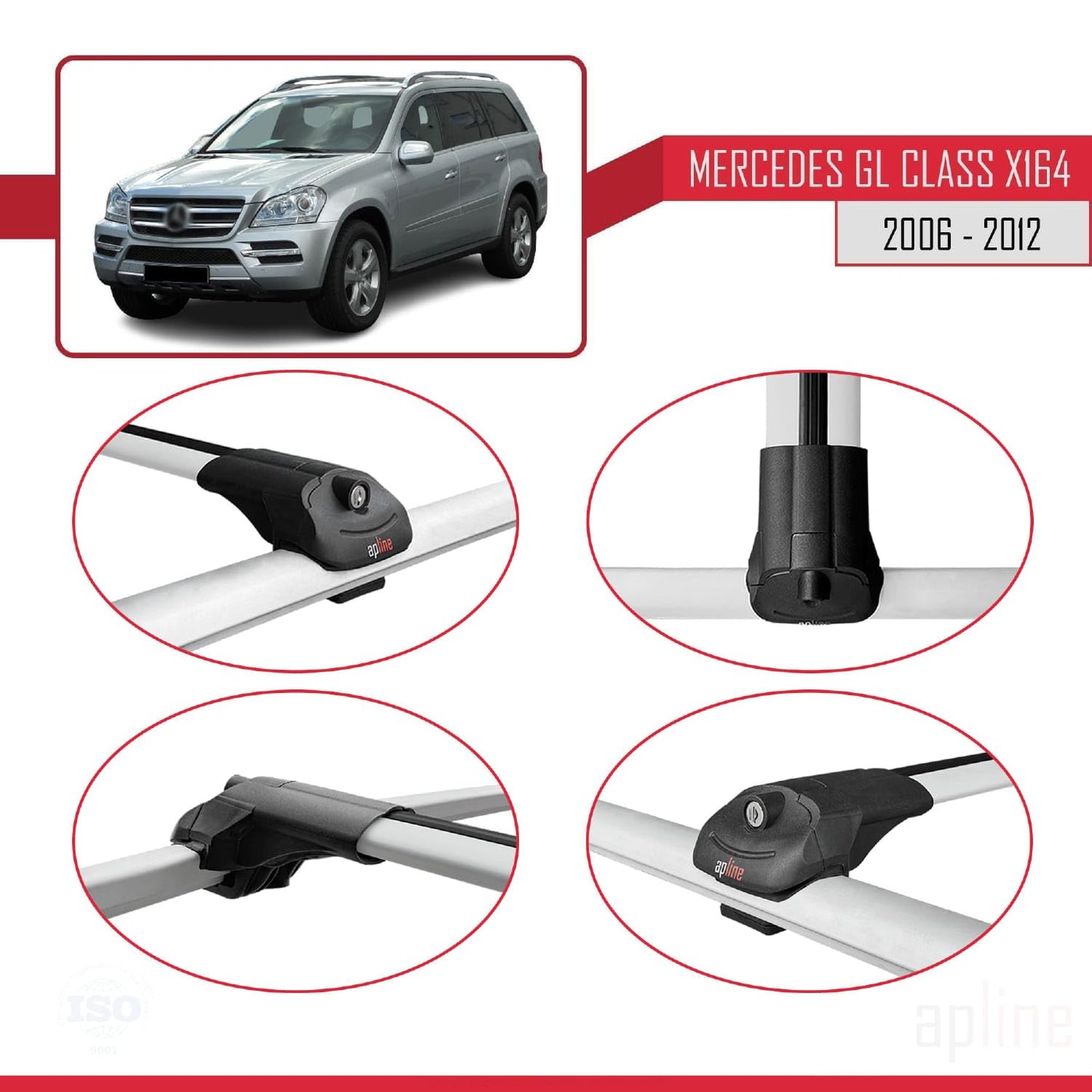 Compatible with Mercedes GL Class (X164) 2006-2012 ACE-1 Car Roof Rack Cross Bar Grey Aluminium 3 Bars