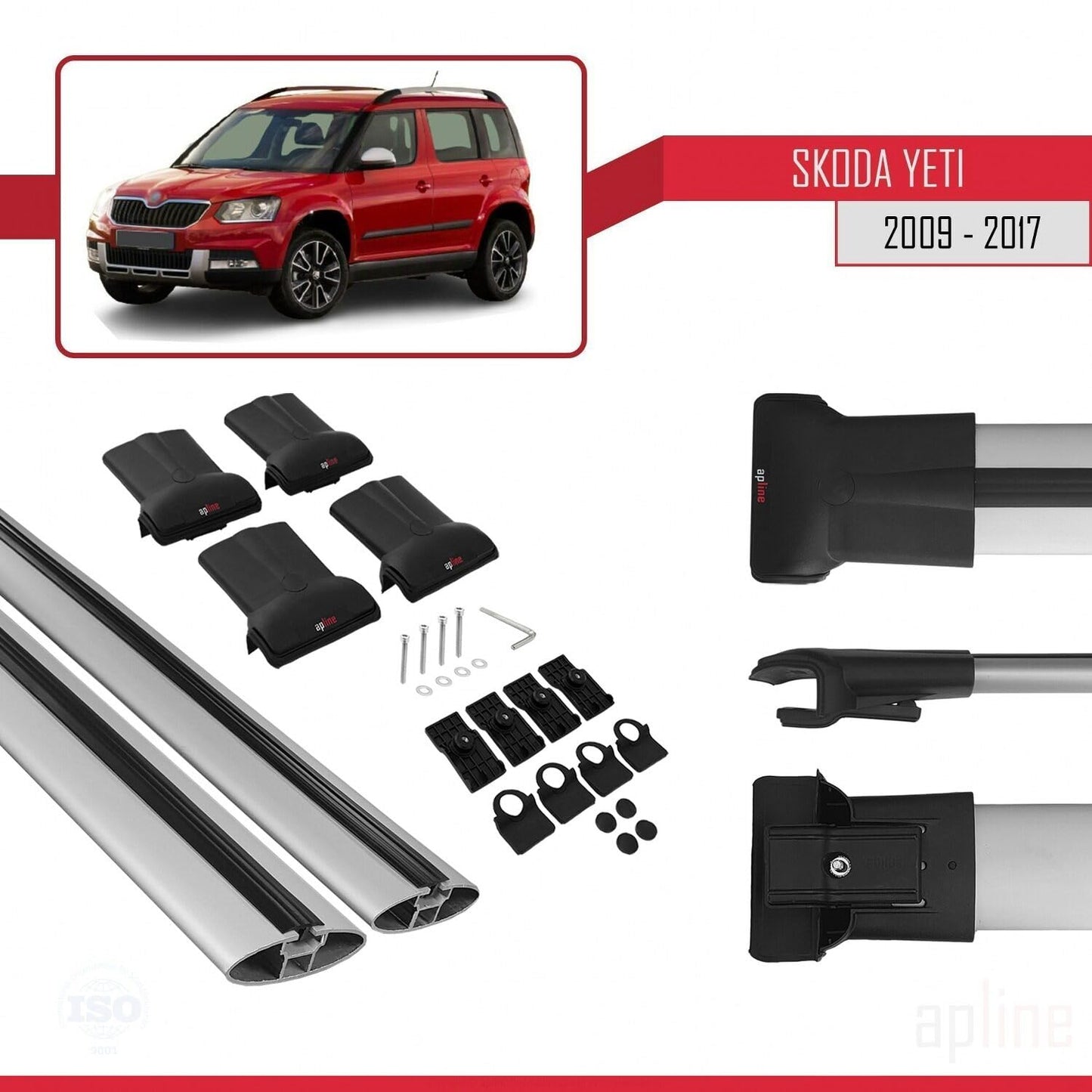 Compatible with Skoda Yeti 2009-2017 Fly Model Car Roof Rack Cross Bar Grey Aluminium 2 Bars