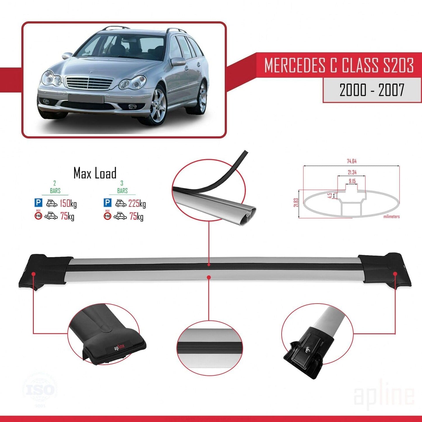 Compatible with Mercedes C Class 2 (S203) 2000-2007 Fly Model Car Roof Rack Cross Bar Grey Aluminium 2 Bars