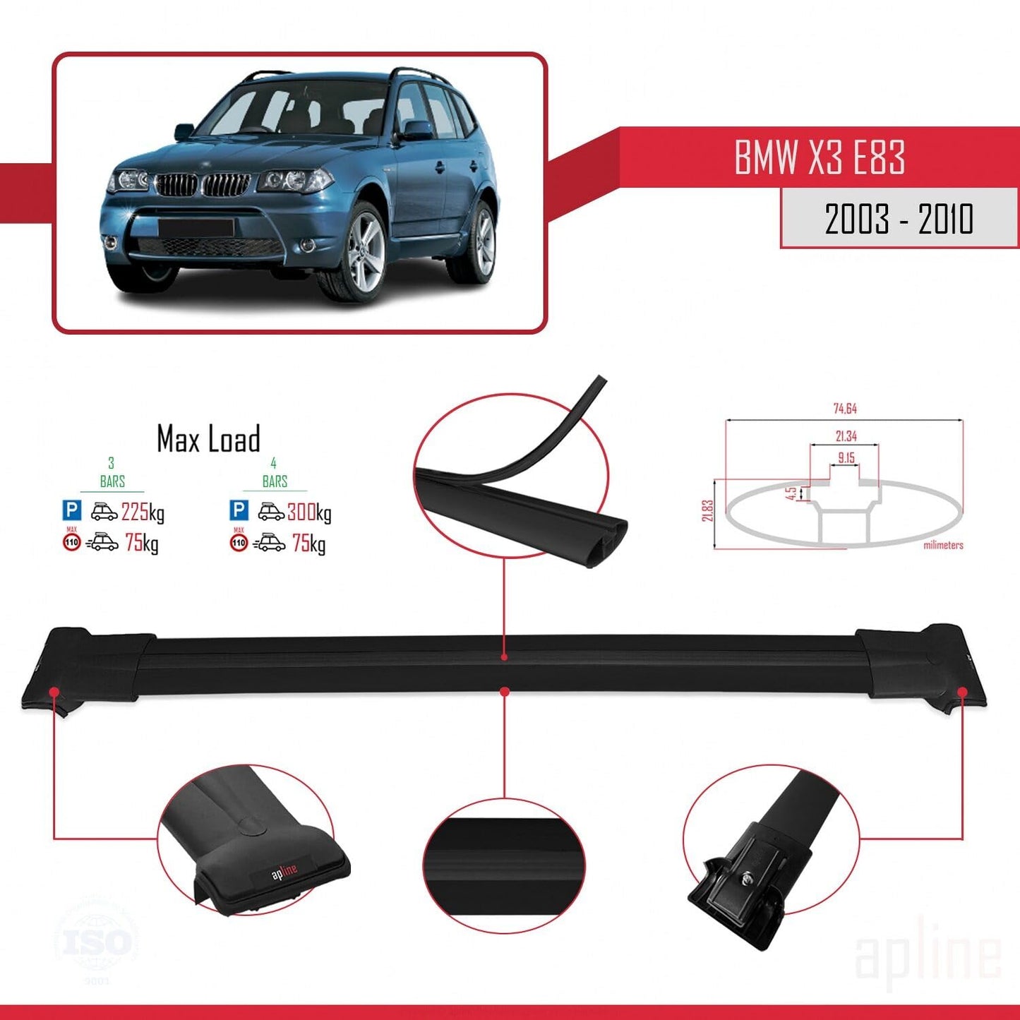 Compatible with BMW X3 (E83) 2003-2010 Fly Model Car Roof Rack Cross Bar Black Aluminium 3 Bars