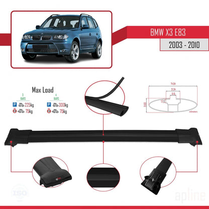 Compatible with BMW X3 (E83) 2003-2010 Fly Model Car Roof Rack Cross Bar Black Aluminium 3 Bars