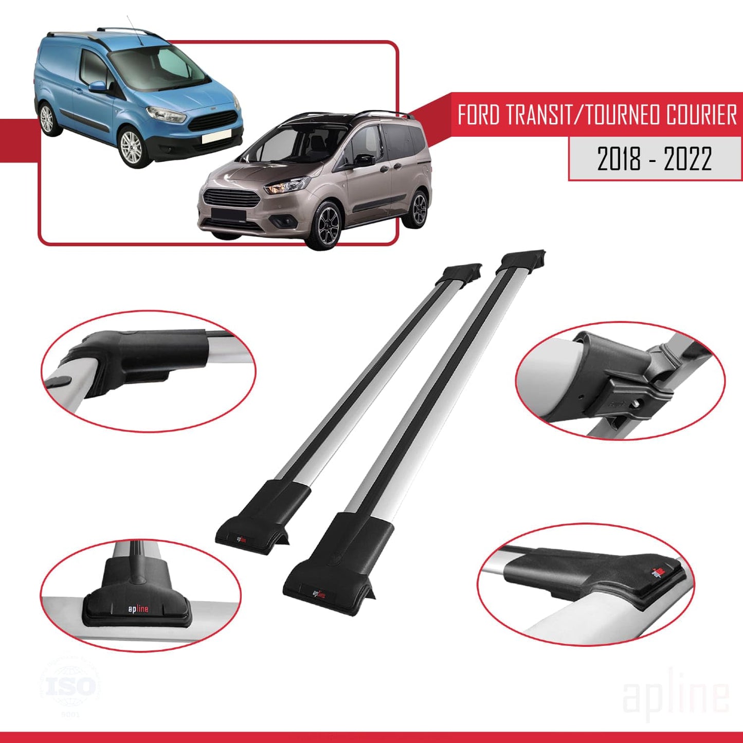 Compatible with Ford Transit/Tourneo Courier Post-Facelift 2018-2022 Fly Model Car Roof Rack Cross Bar Grey Aluminium 2 Bars