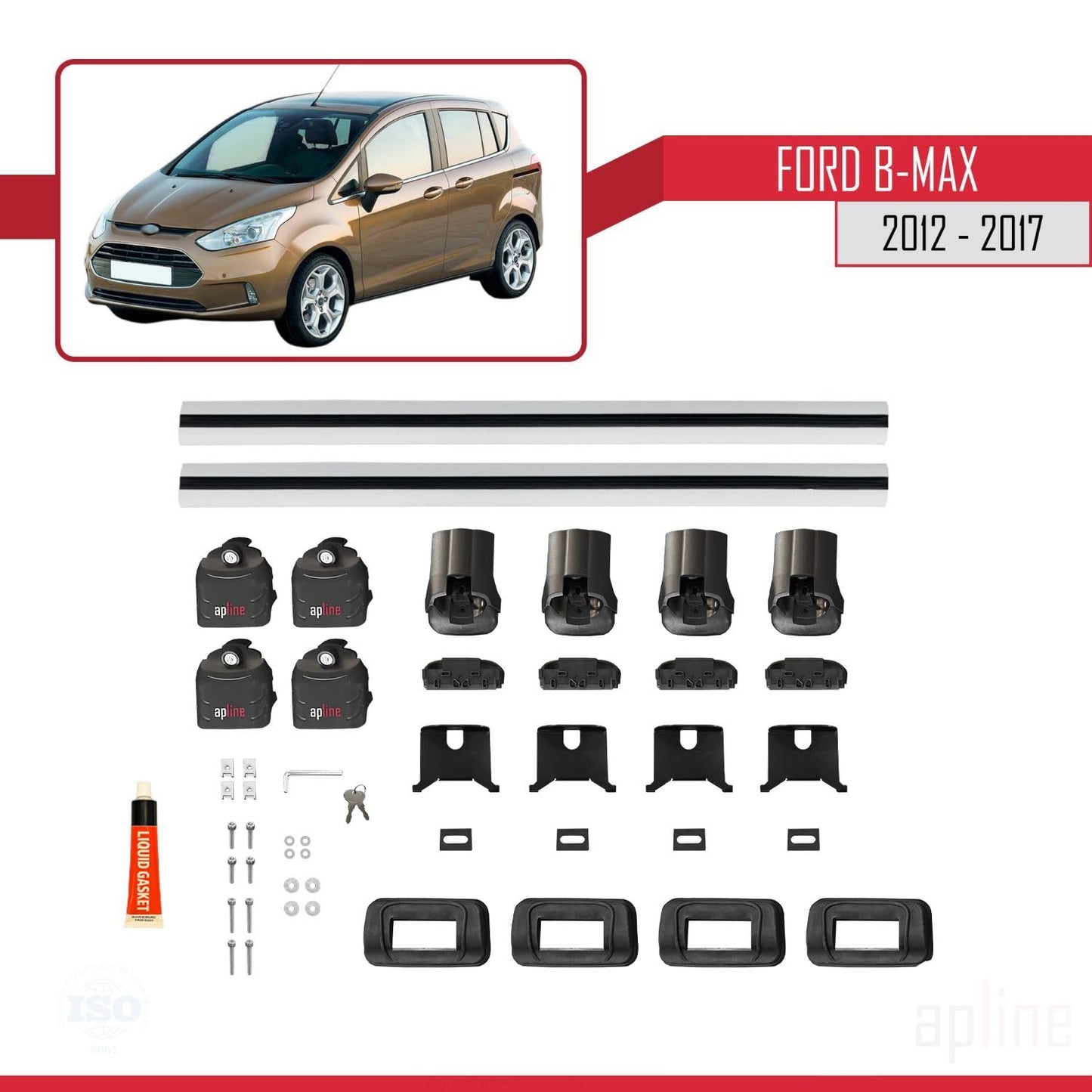 Compatible with Ford B-Max (B232) 2012-2017 ACE-3 Car Roof Rack Cross Bar Grey Aluminium 2 Bars