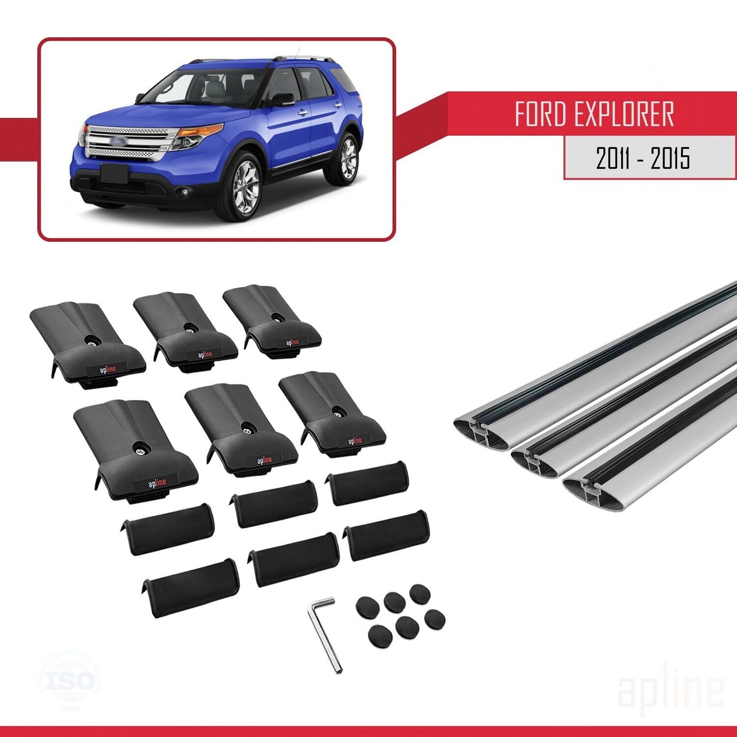 Compatible with Ford Explorer 5 (U502) Pre-Facelift 2011-2015 Fly Model Car Roof Rack Cross Bar Grey Aluminium 3 Bars