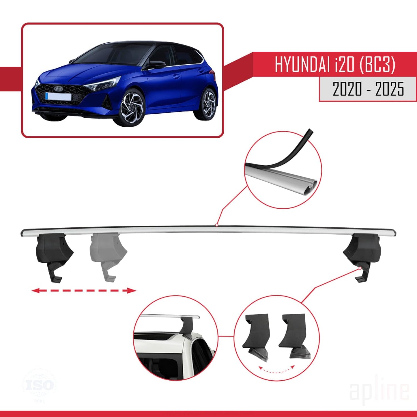 Compatible with Hyundai i20 III (BC3) 2020-2025 ACE-4 Car Roof Rack Cross Bar Grey Aluminium 2 Bars