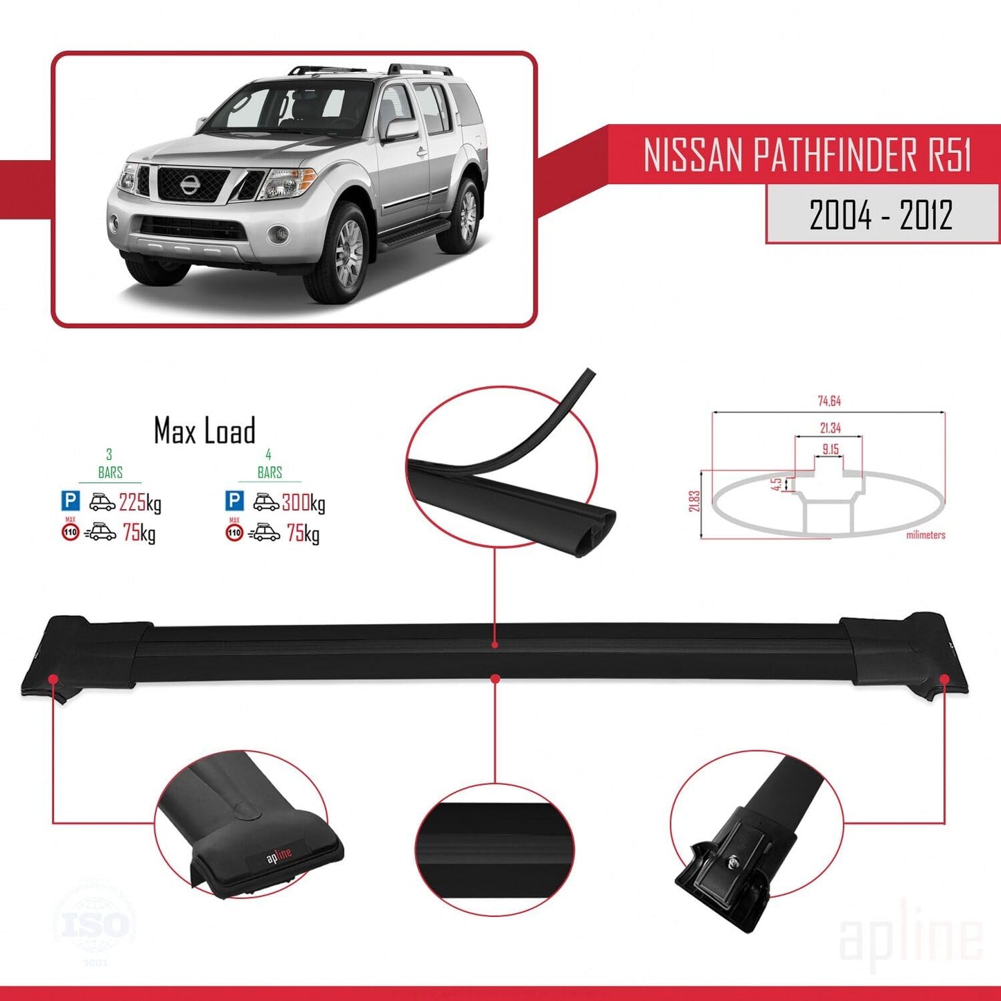 Compatible with Nissan Pathfinder 3 (R51) 2004-2012 Fly Model Car Roof Rack Cross Bar Black Aluminium 3 Bars