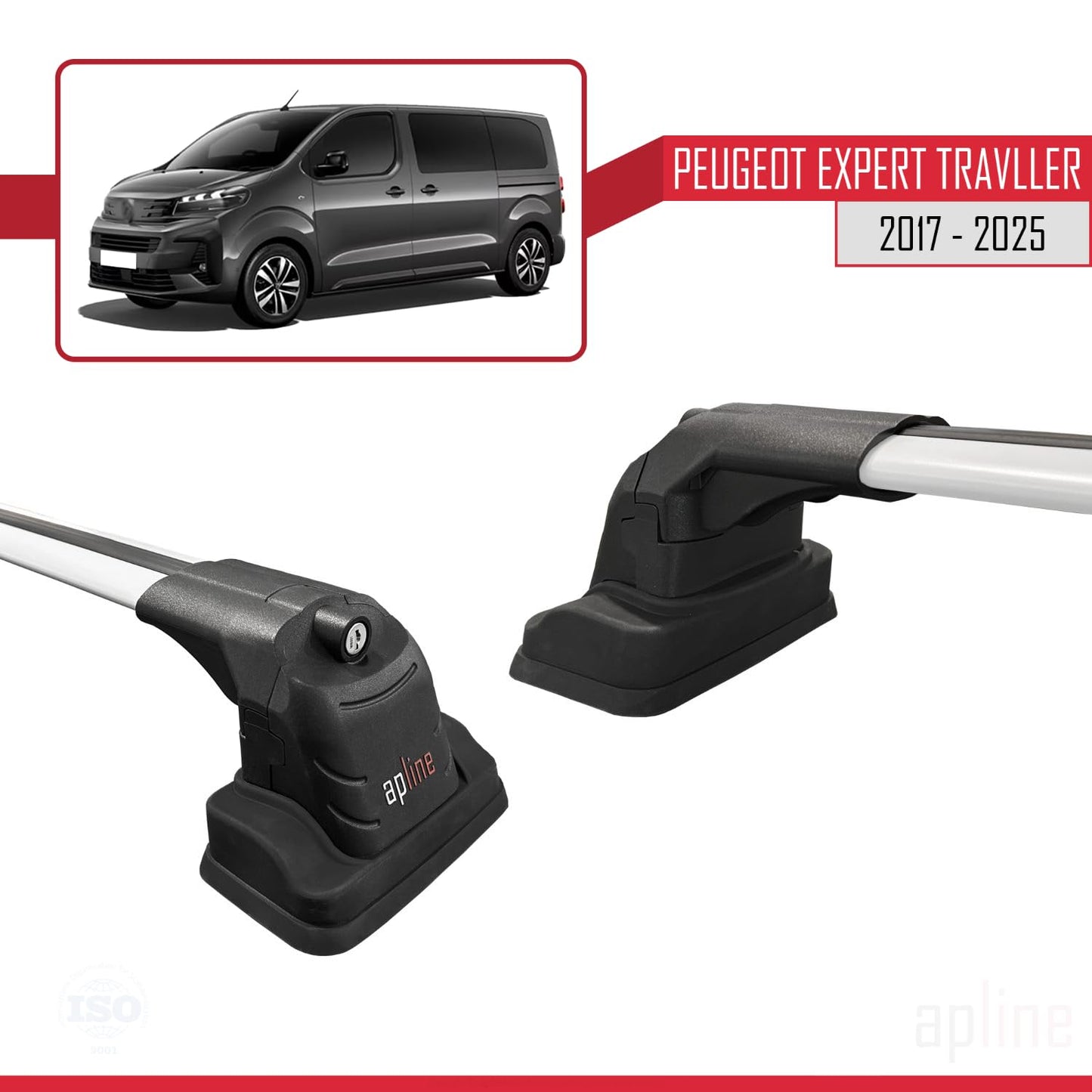Compatible with Peugeot Expert Traveller 2017-2025 ACE-3 Car Roof Rack Cross Bar Grey Aluminium 2 Bars