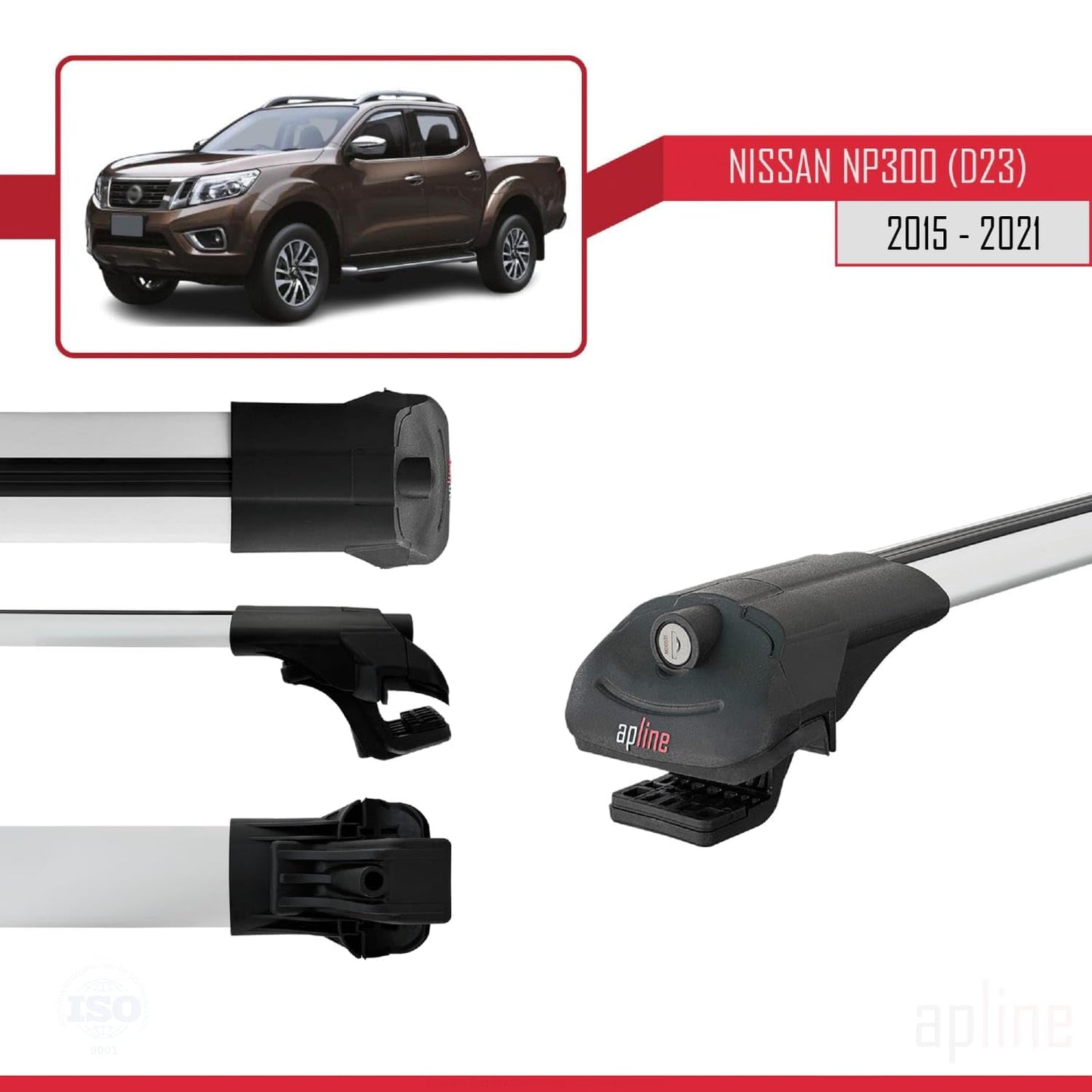 Compatible with Nissan NP300 (D23) 2015-2021 ACE-1 Car Roof Rack Cross Bar Grey Aluminium 3 Bars