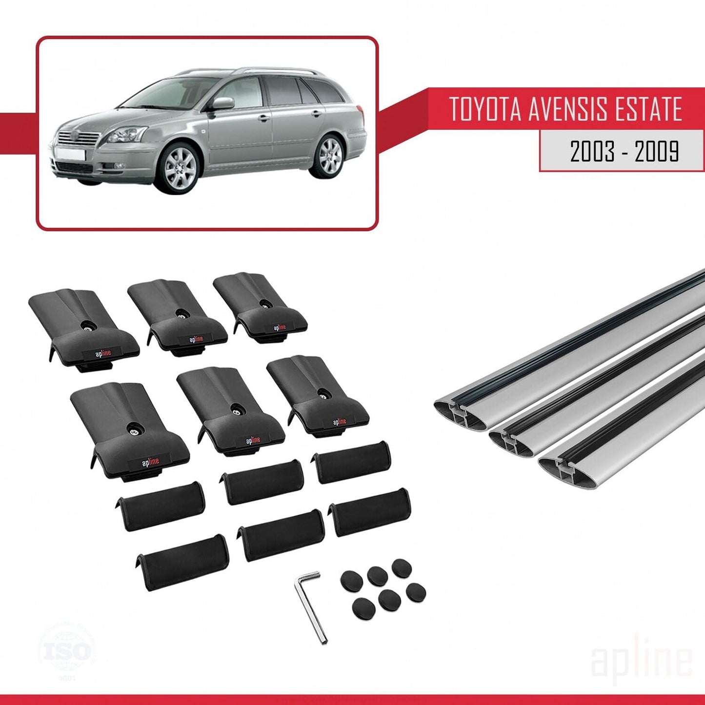 Compatible with Toyota Avensis SW 2003-2009 Fly Model Car Roof Rack Cross Bar Grey Aluminium 3 Bars
