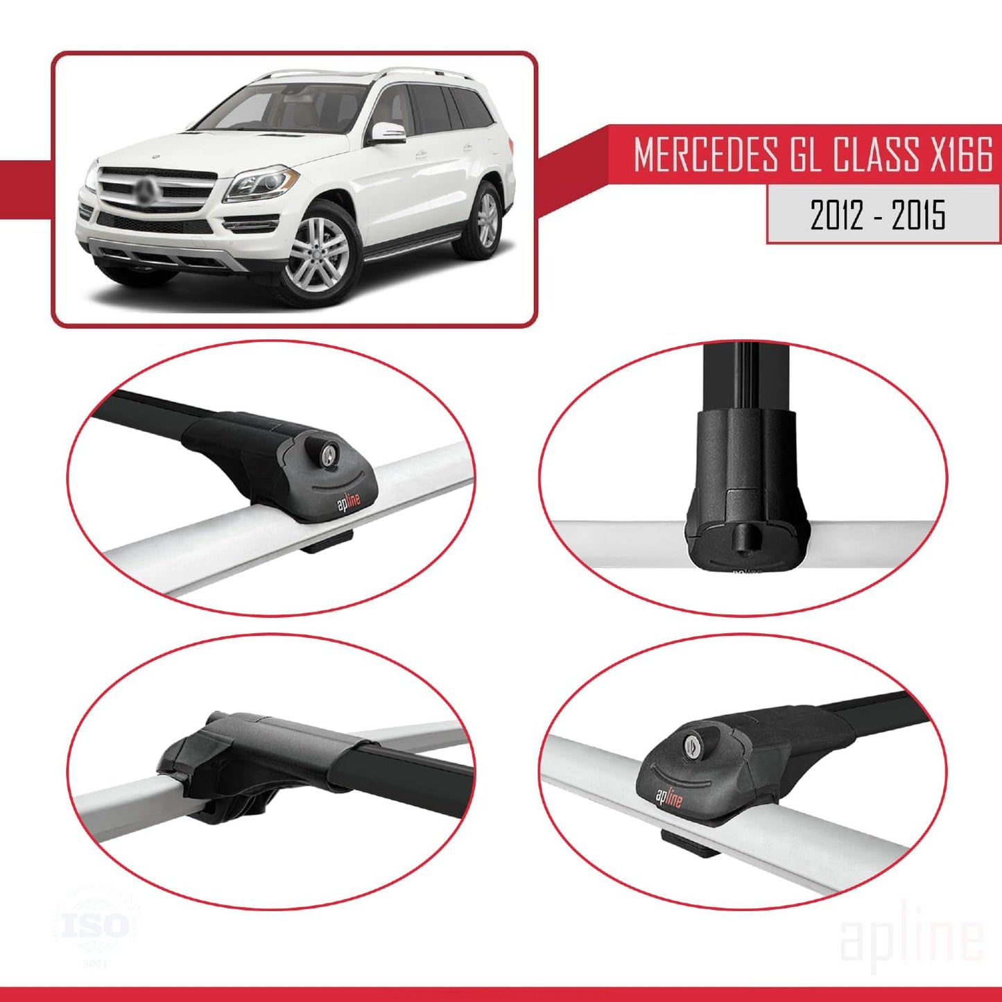 Compatible with Mercedes GL Class 2 (X166) Pre-Facelift 2013-2015 ACE-1 Car Roof Rack Cross Bar Black Aluminium 2 Bars