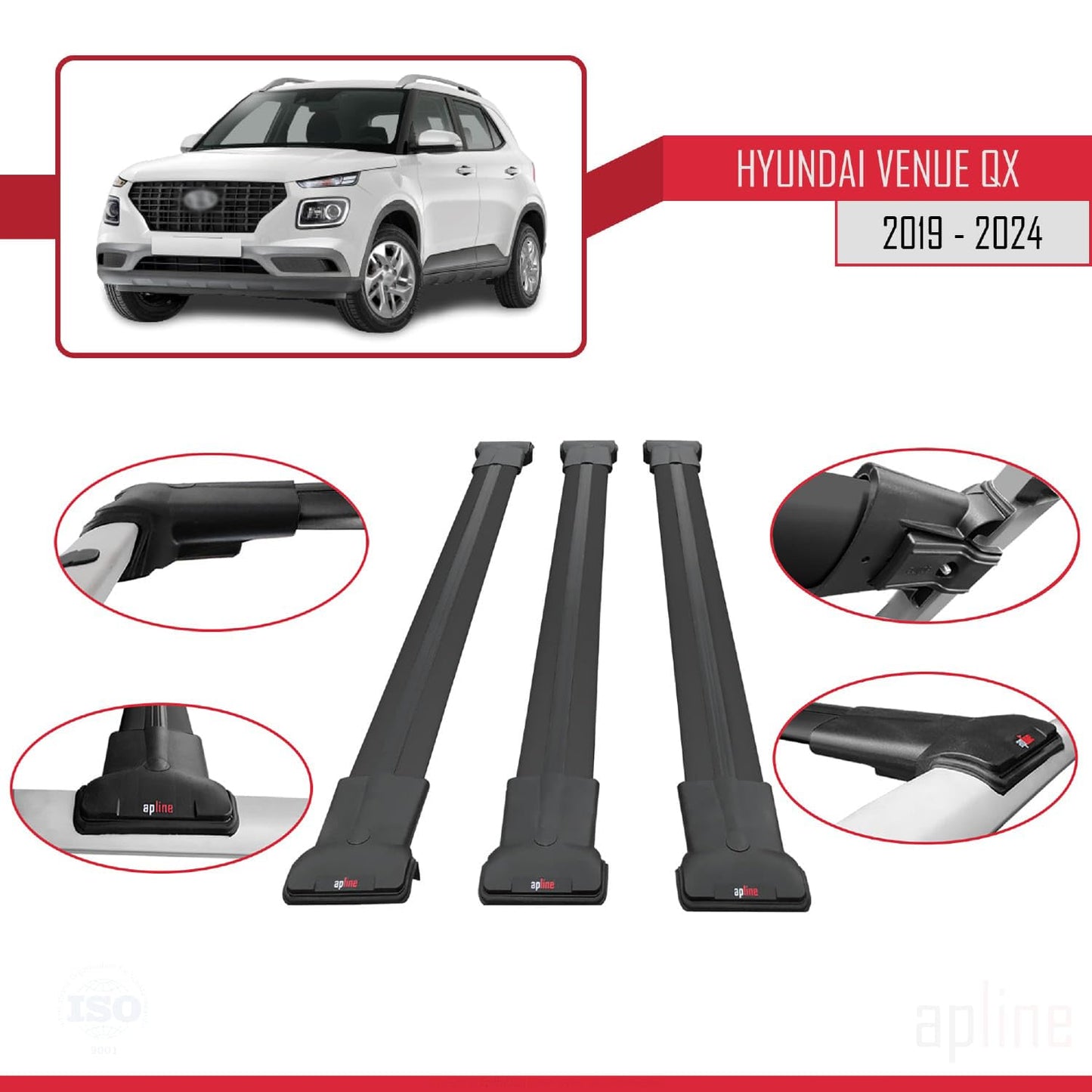 Compatible with Hyundai Venue (QX) 2019-2024 Fly Model Car Roof Rack Cross Bar Black Aluminium 3 Bars