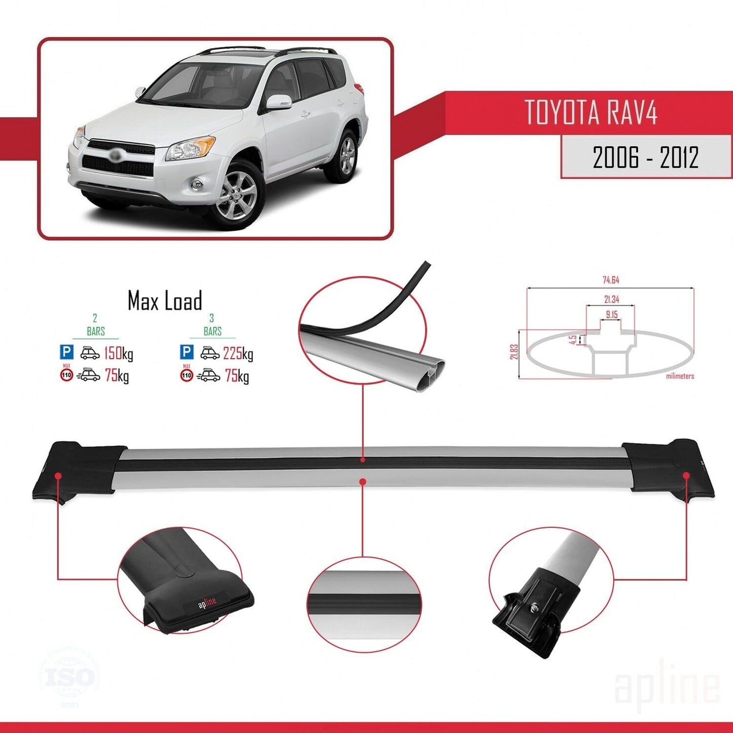 Compatible with Toyota RAV4 III (XA30) 2006-2012 Fly Model Car Roof Rack Cross Bar Grey Aluminium 2 Bars