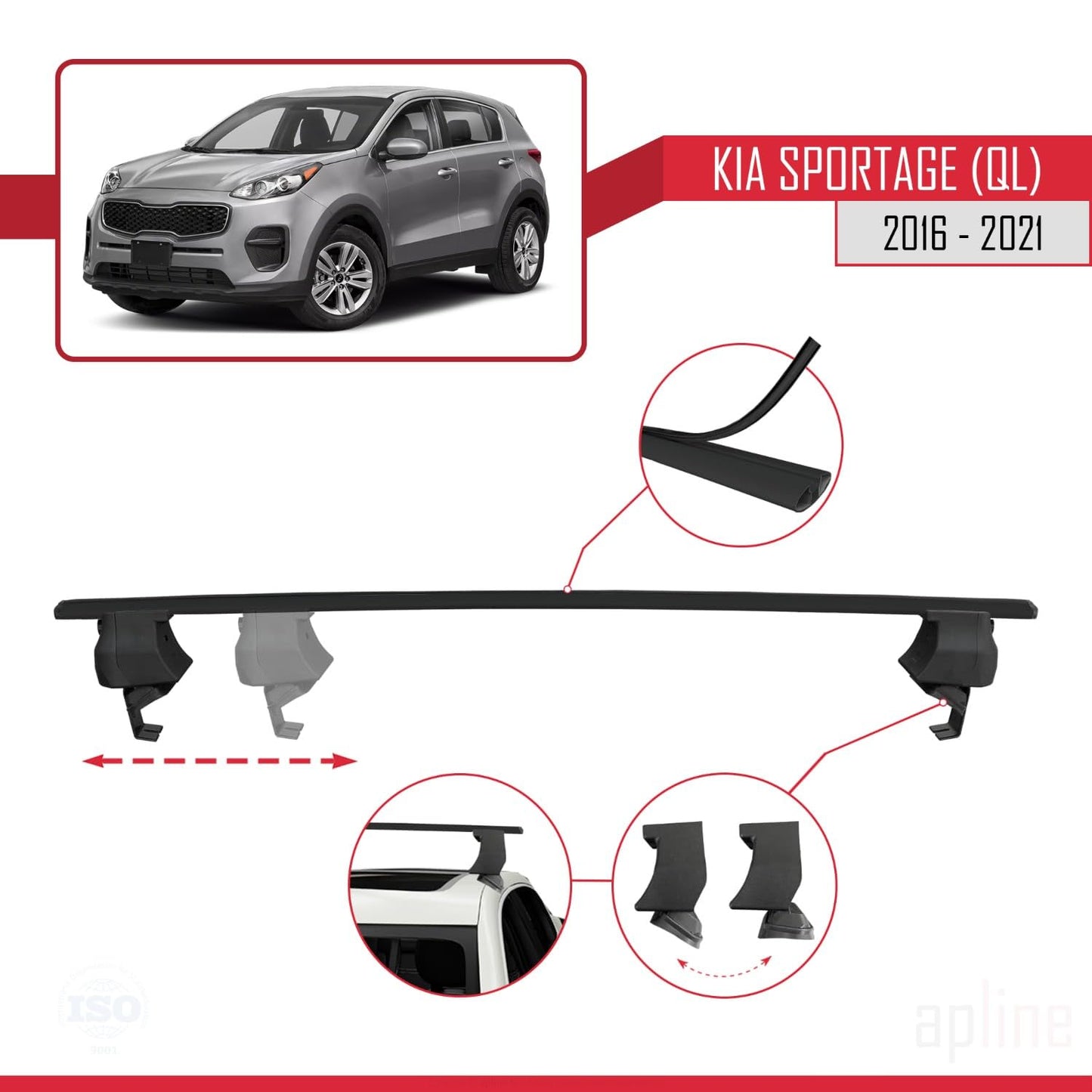Compatible with Kia Sportage (QL) 2016-2021 ACE-4 Car Roof Rack Cross Bar Black Aluminium 2 Bars