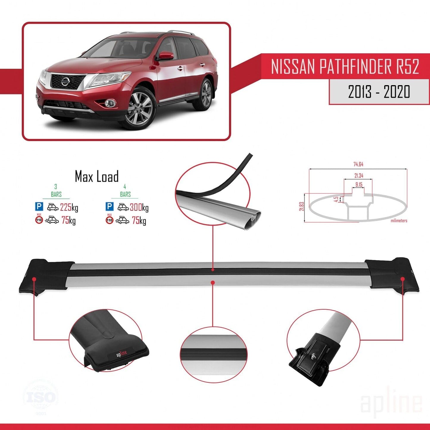 Compatible with Nissan Pathfinder 4 (R52) 2013-2020 Fly Model Car Roof Rack Cross Bar Grey Aluminium 3 Bars