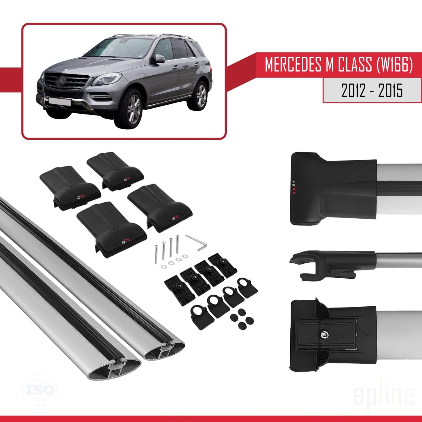 Compatible with Mercedes M Class 3 (W166) Pre-Facelift 2012-2015 Fly Model Car Roof Rack Cross Bar Grey Aluminium 2 Bars