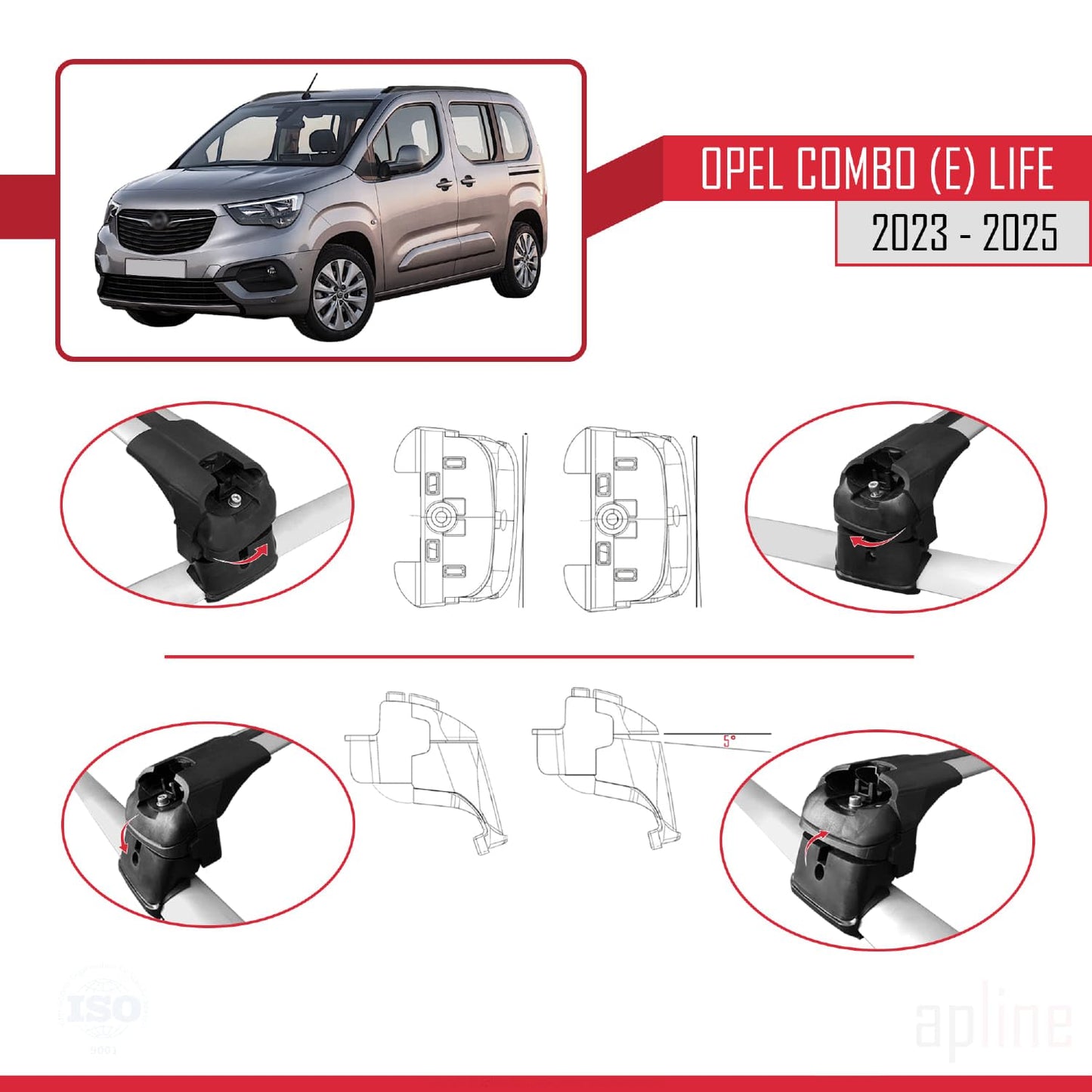 Compatible with Opel Combo E Life 2023-2025 ACE-2 Car Roof Rack Cross Bar Grey Aluminium 2 Bars