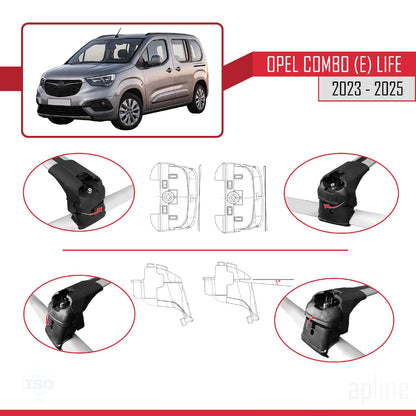 Compatible with Opel Combo E Life 2023-2025 ACE-2 Car Roof Rack Cross Bar Grey Aluminium 2 Bars