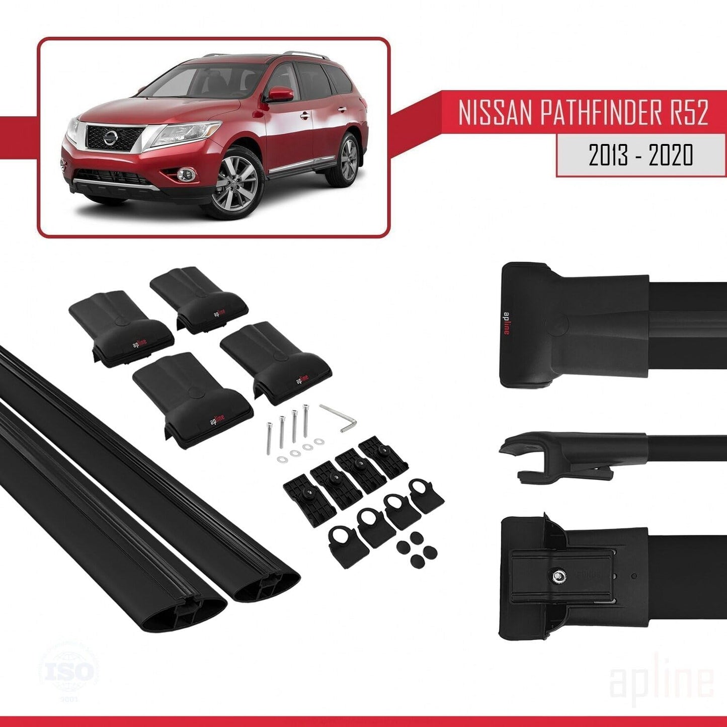 Compatible with Nissan Pathfinder 4 (R52) 2013-2020 Fly Model Car Roof Rack Cross Bar Black Aluminium 2 Bars
