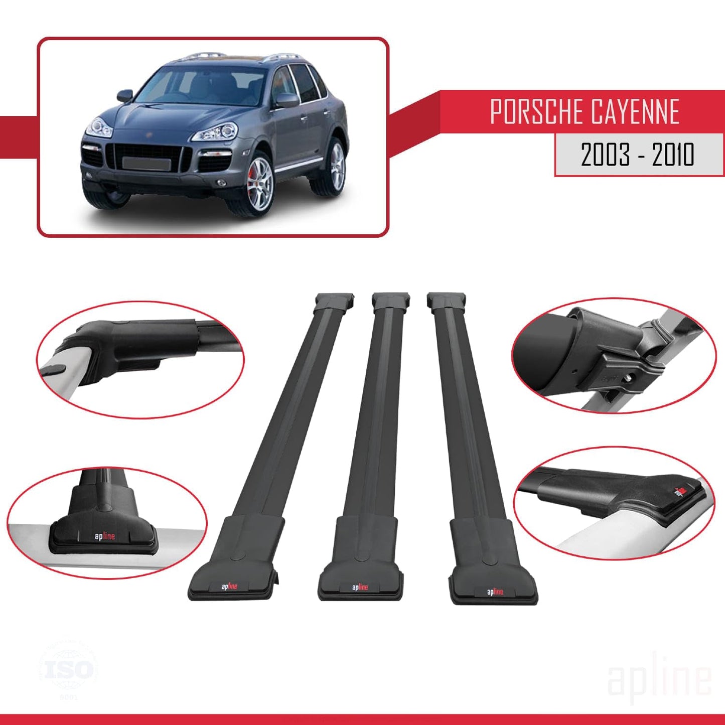 Compatible with Porsche Cayenne (9PA) 2003-2010 Fly Model Car Roof Rack Cross Bar Black Aluminium 3 Bars