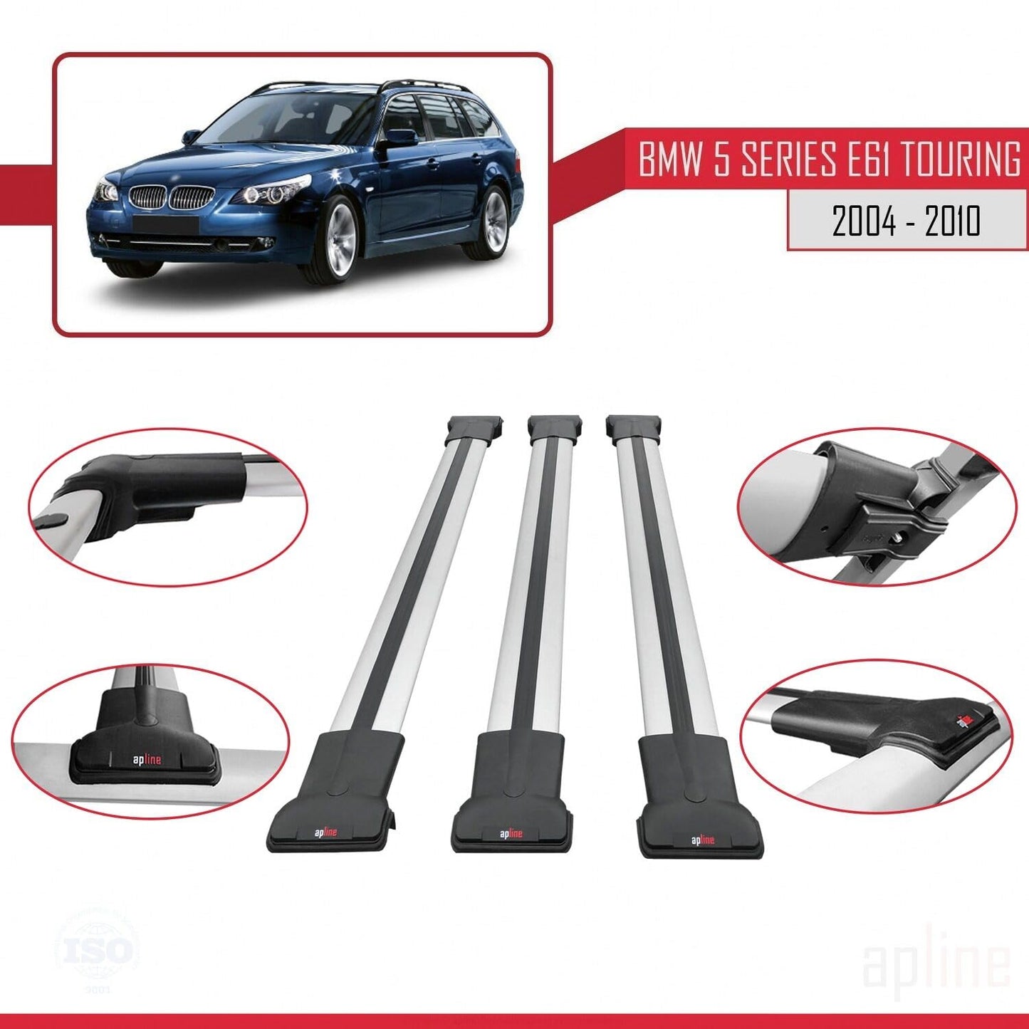 Compatible with BMW 5 Series (E61) Touring 2004-2010 Fly Model Car Roof Rack Cross Bar Grey Aluminium 3 Bars